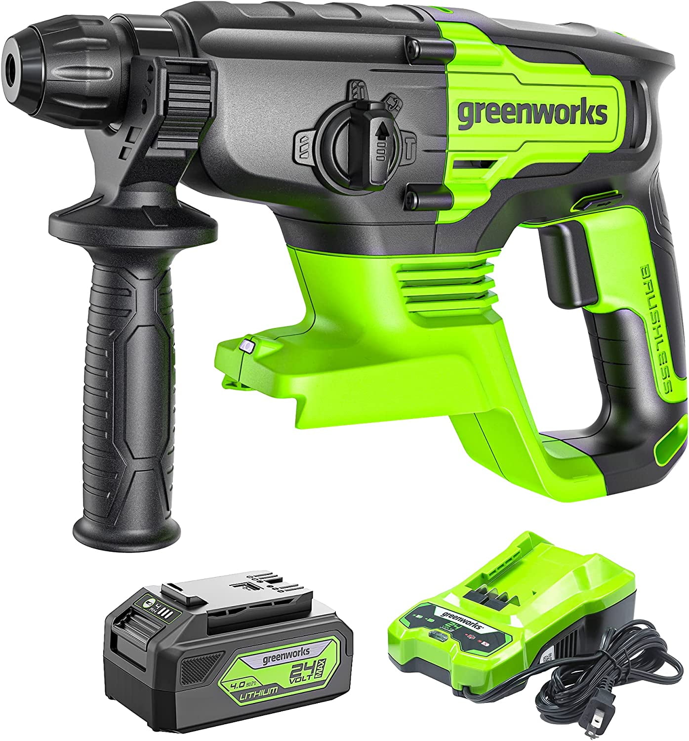 Greenworks 24V Cordless Rotary Hammer Drill, Brushless Motor, 4-Mode SDS Plus, LED Light (Black, 4Ah Battery & Charger Kit) p6umj