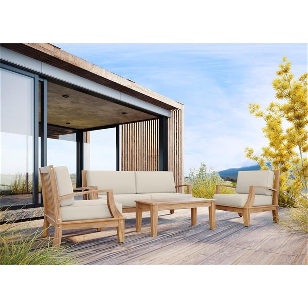 Pemberly Row Traditional Teak Deep Seating Outdoor Sofa with Cushions (Beige, 65.5 in W x 27 in D) yxudd