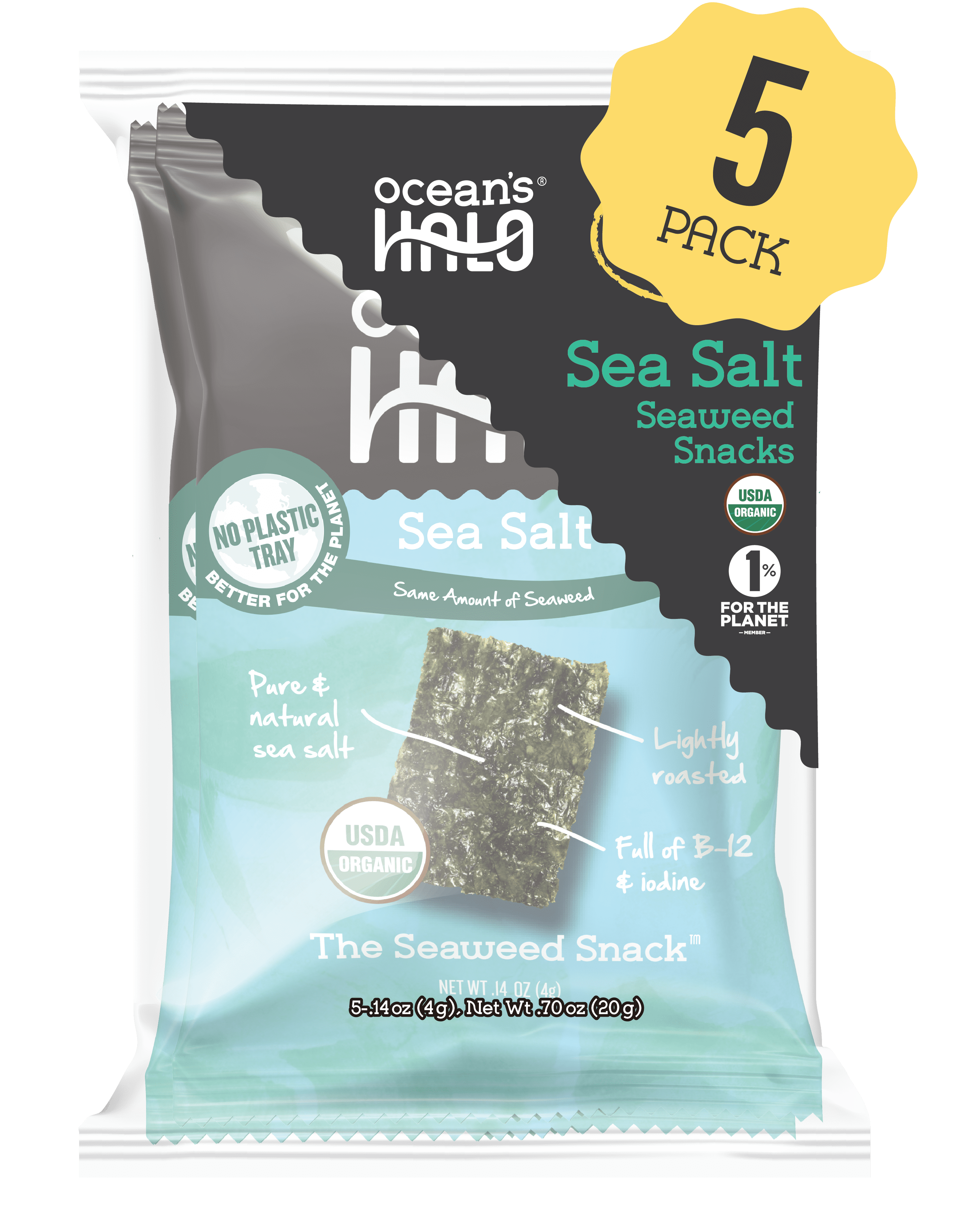 Ocean's Halo Seaweed Snack, Roasted Nori Crispy Chips, Sea Salt Flavor (5 Pack, 0.7 oz Total) z9qv1