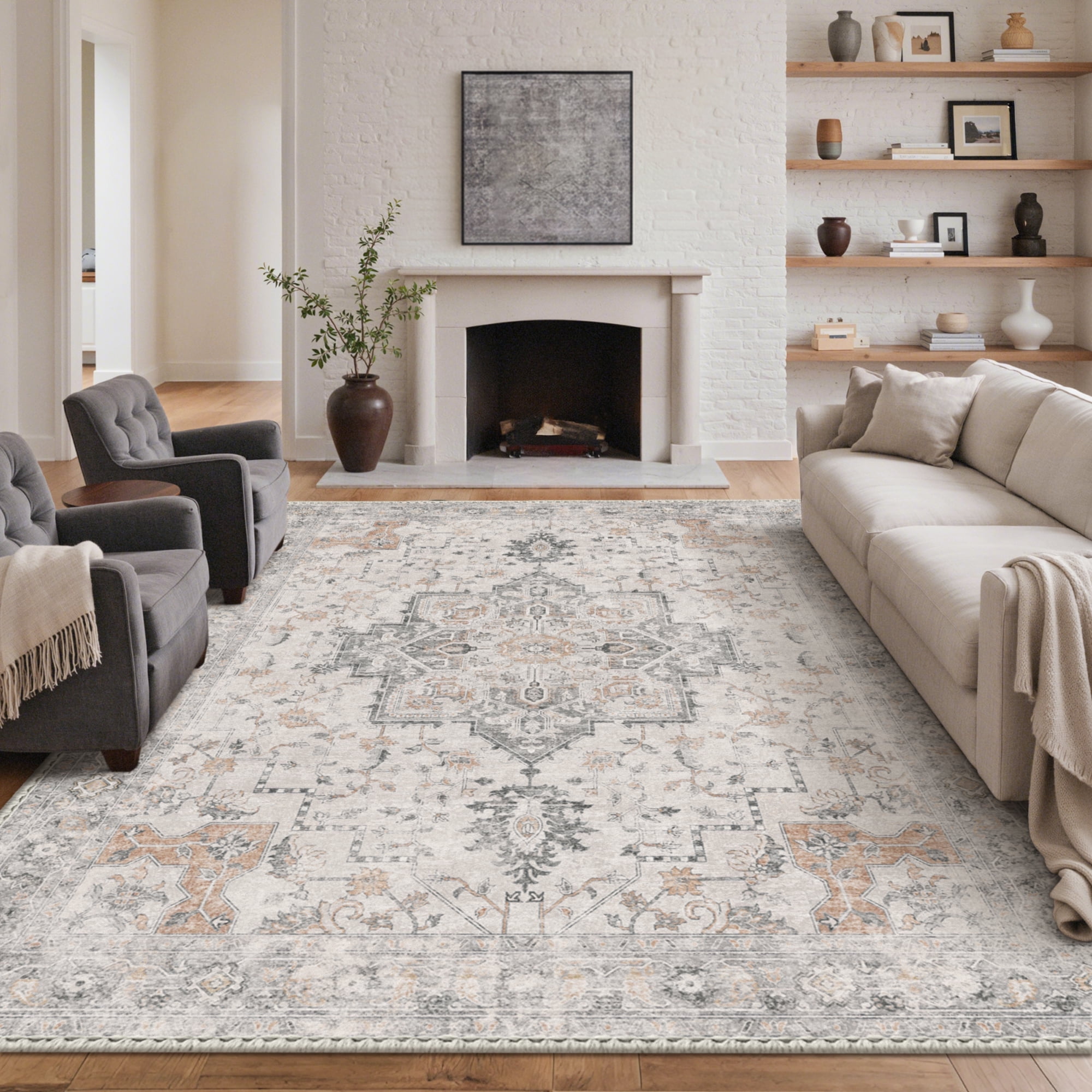 KUETH Modern Area Rug, Machine Washable Non-Slip Low Pile Carpet for Living Room and Bedroom (Light Taupe Brown, 8 ft x 10 ft) f6vvg