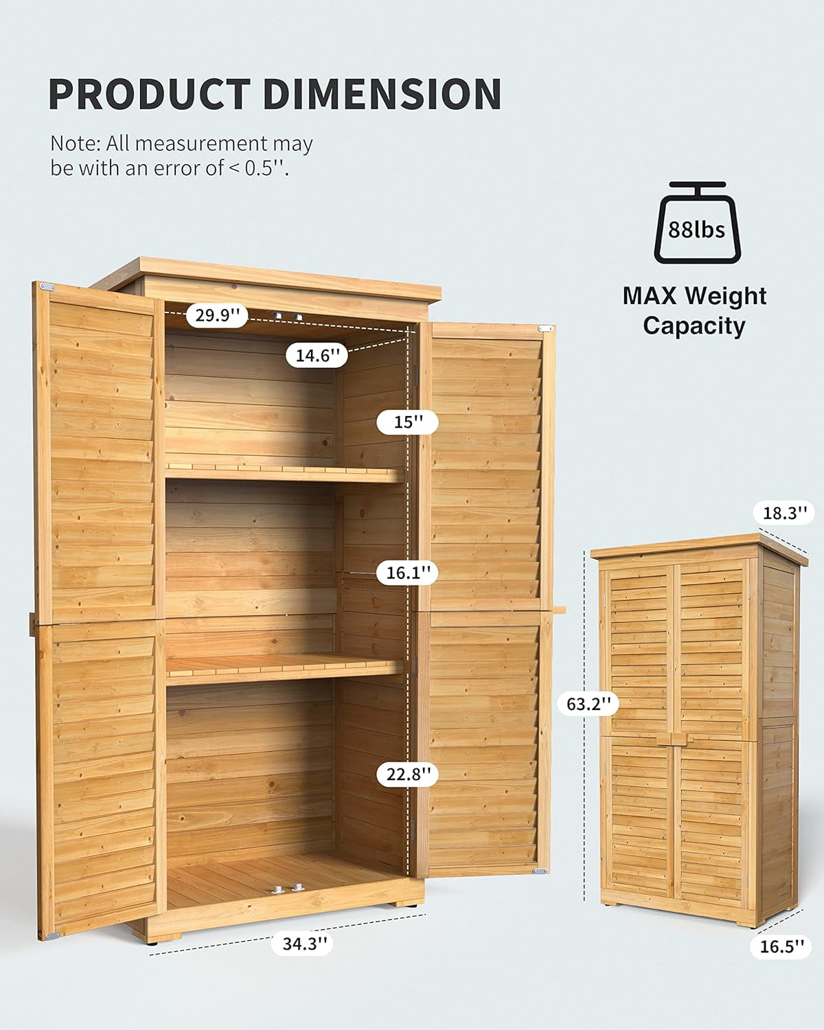 Lofka Outdoor Storage Cabinet, Weatherproof Garden Shed with Lockable Doors and Adjustable Shelves (Natural, 63.2 in) 71pwo