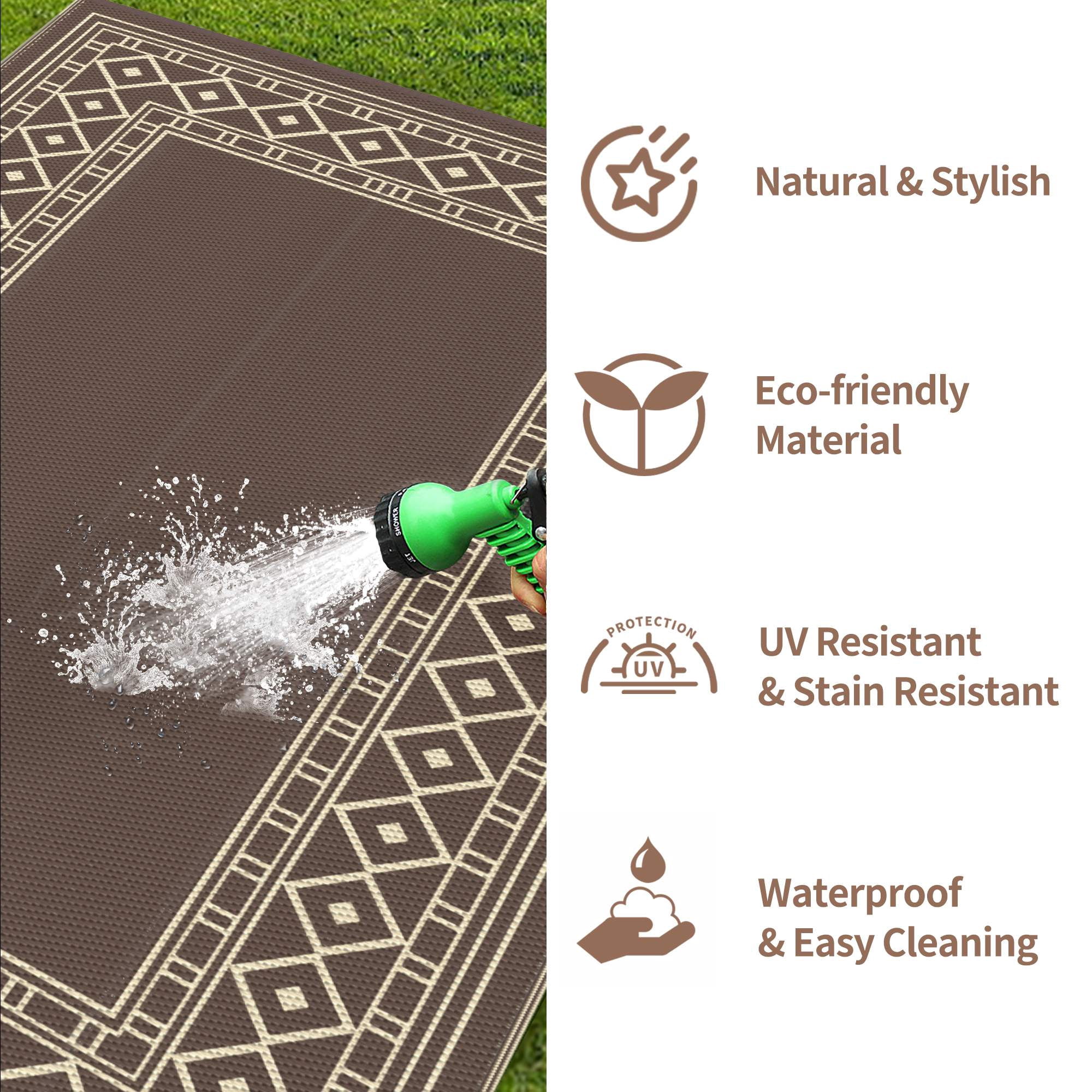 DEORAB Outdoor Rug Waterproof Reversible Patio Mat for Camping and Backyard (Coffee & Brown, 6 ft x 9 ft) ekkm9