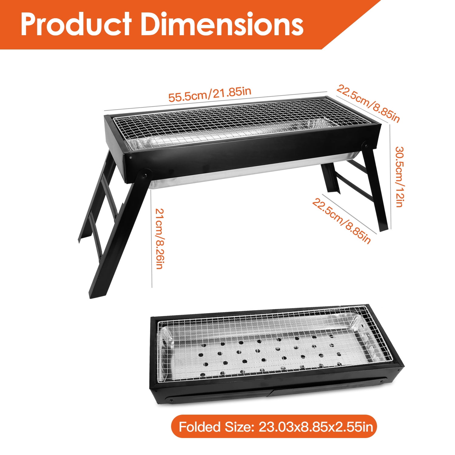 Zorpupoa Foldable Charcoal BBQ Grill Portable Stainless Steel Tabletop Grill for Camping and Outdoor Cooking (Black, 21.85x8.85x12 in) wrd1d