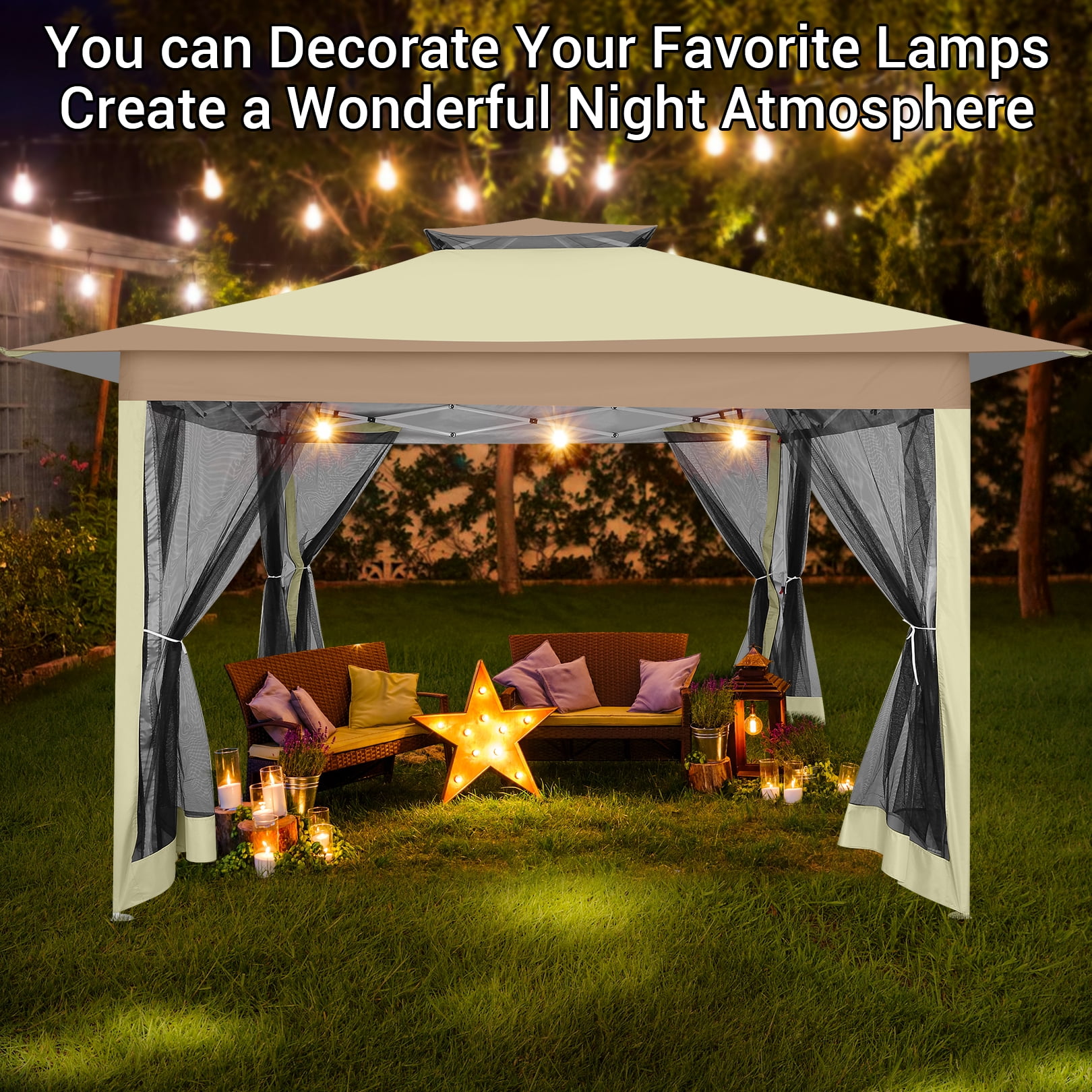 SANOPY Outdoor Pop-up Gazebo with Mosquito Netting and Sandbags (Light Brown, 12x12 ft) 63tns
