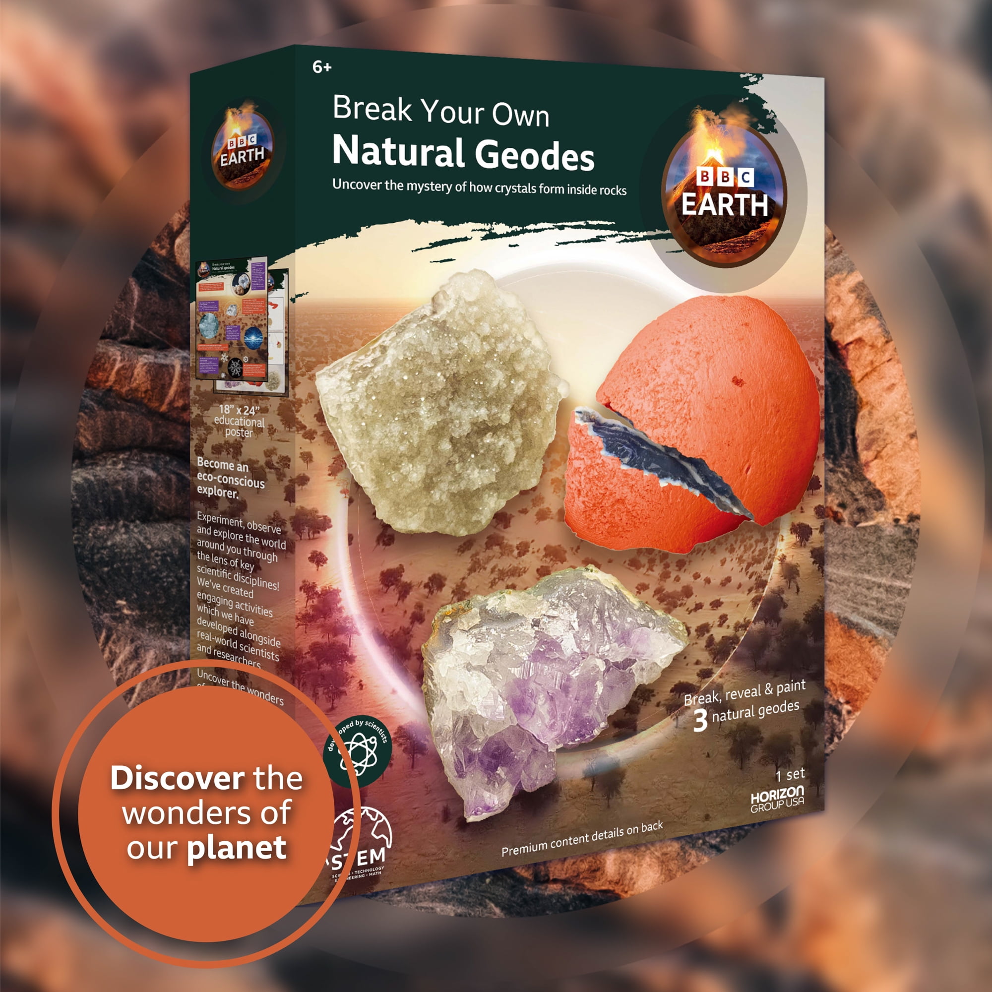 BBC Earth Break Your Own Natural Geodes Kit, STEM Geology Science Activity Set (3 Piece) ix2ln