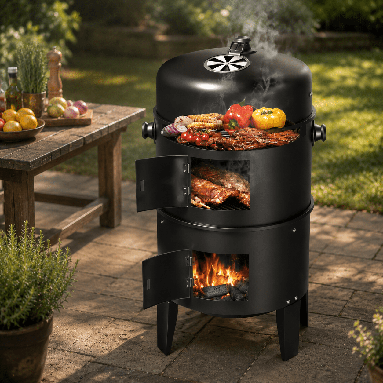 KingChii 3-in-1 Vertical Charcoal Smoker Grill (Black, 20.5 in x 16 in x 32 in) 356yc