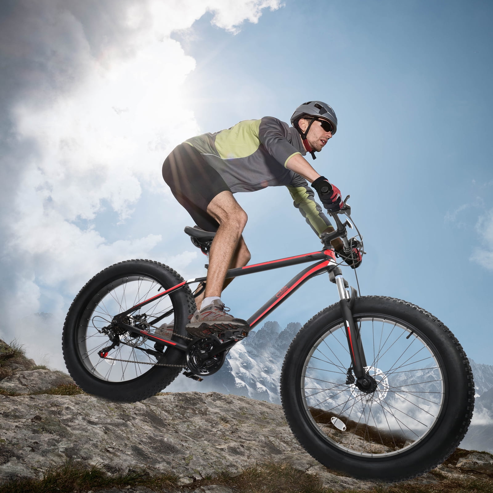 Camping Survival 26in Fat Tire Mountain Bike, 21-Speed Shimano Drivetrain, High Carbon Steel Frame (Red/Black, 26 in) o2xjj