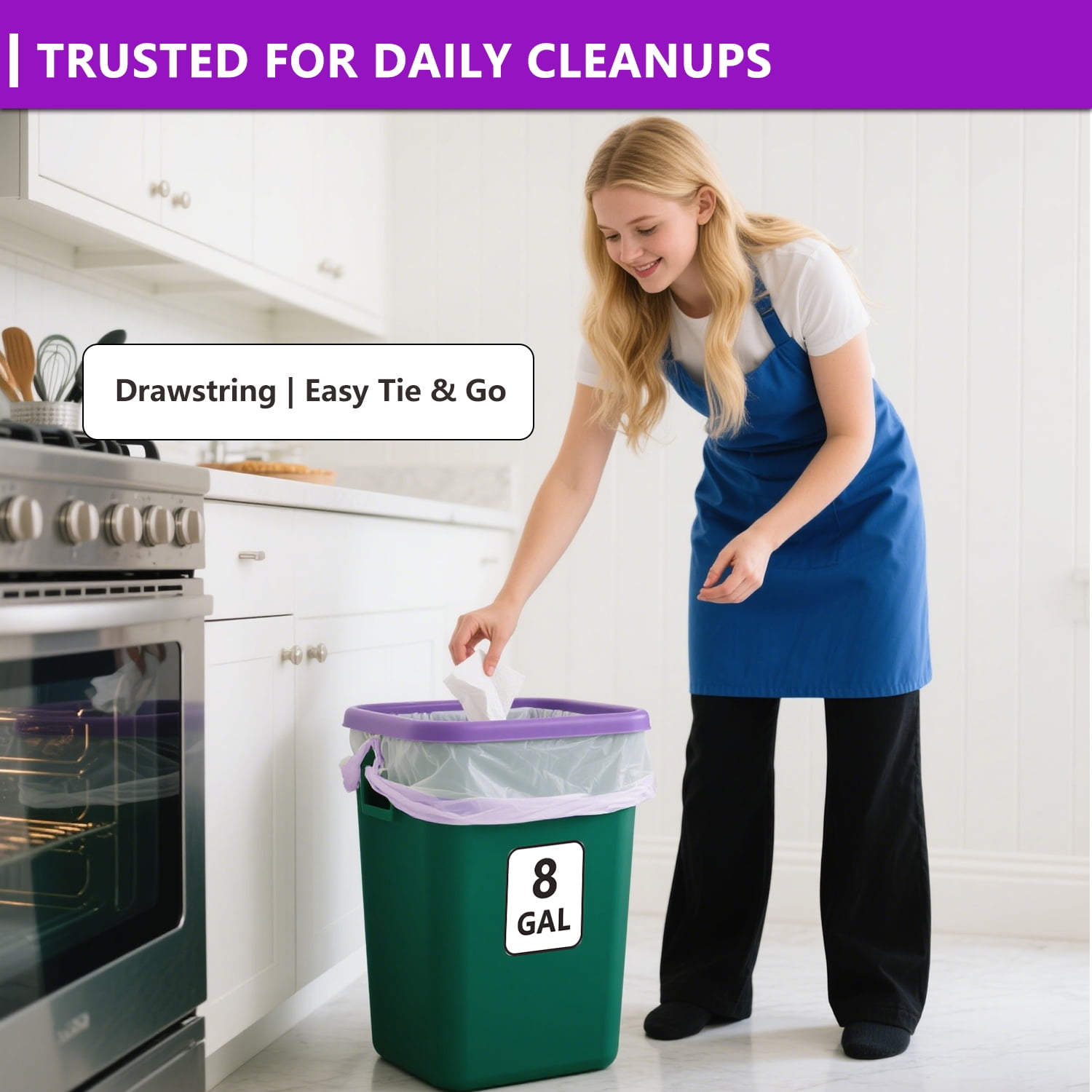 LORIBEN 8 Gallon Trash Bags with Lavender Scent, Tear Resistant Waste Liners for Kitchen and Bathroom (White, 100 Count) jurhw