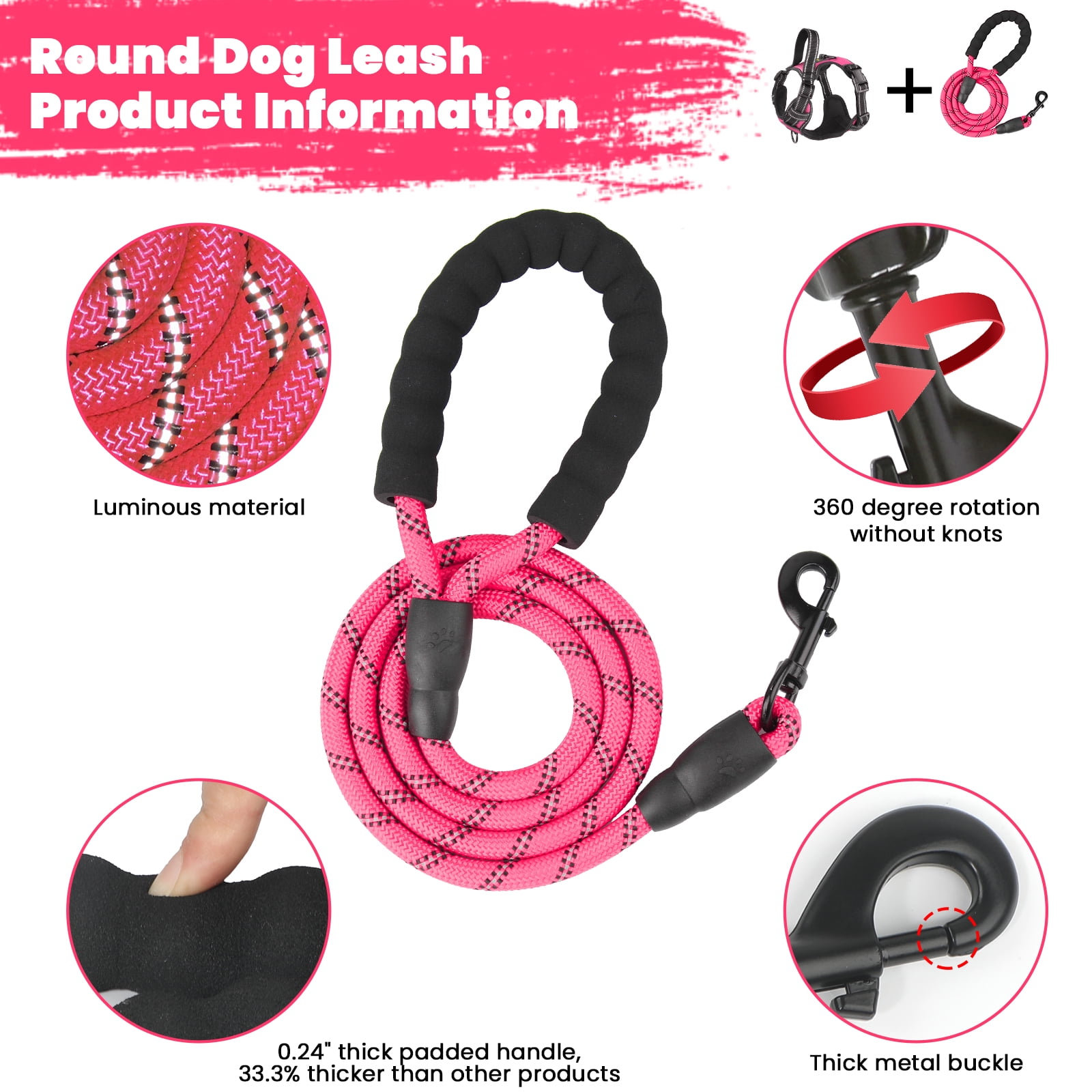 MASBRILL No Pull Dog Harness and Leash Set, Reflective Adjustable Padded Vest with Handle (Pink, Large) me4ue