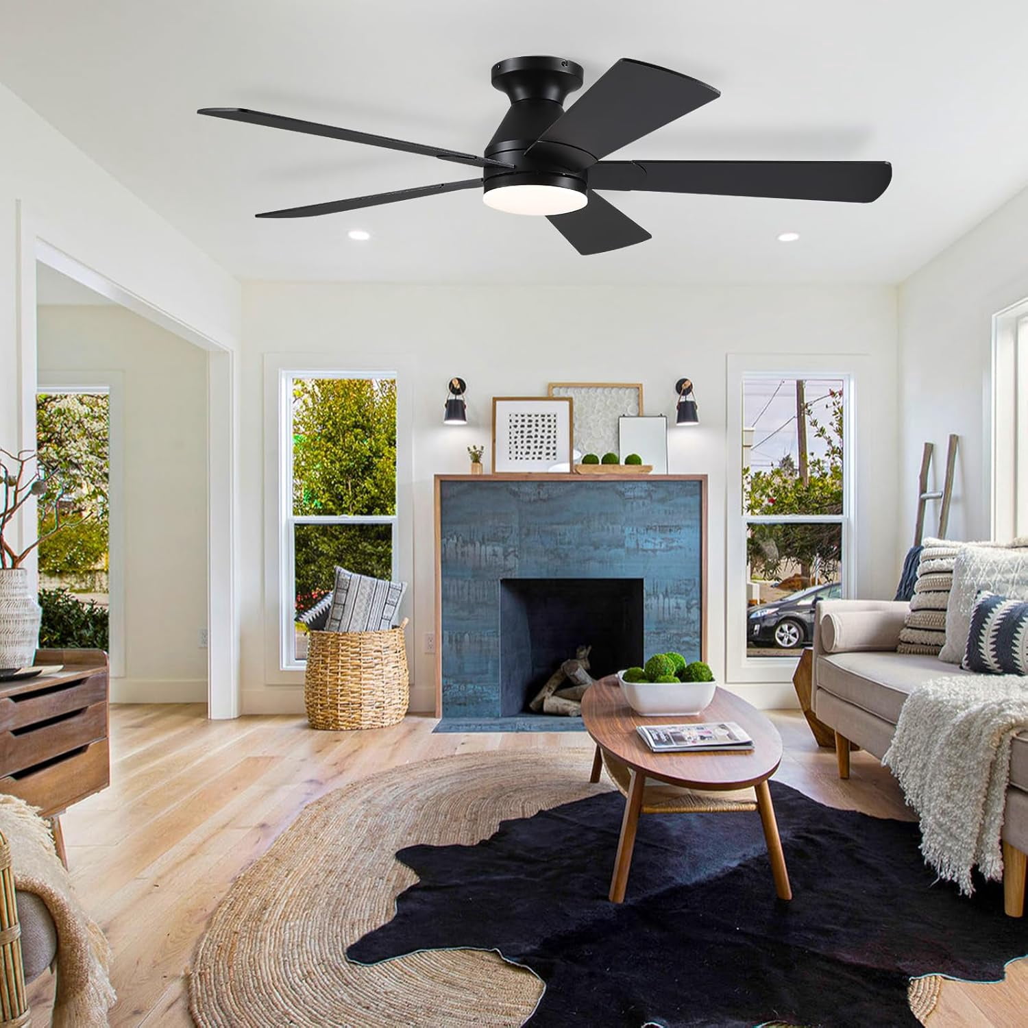 Phorus 52in Flush Mount Ceiling Fan with Dimmable LED Lights and Remote Control (Black, 52 in) 56ws9