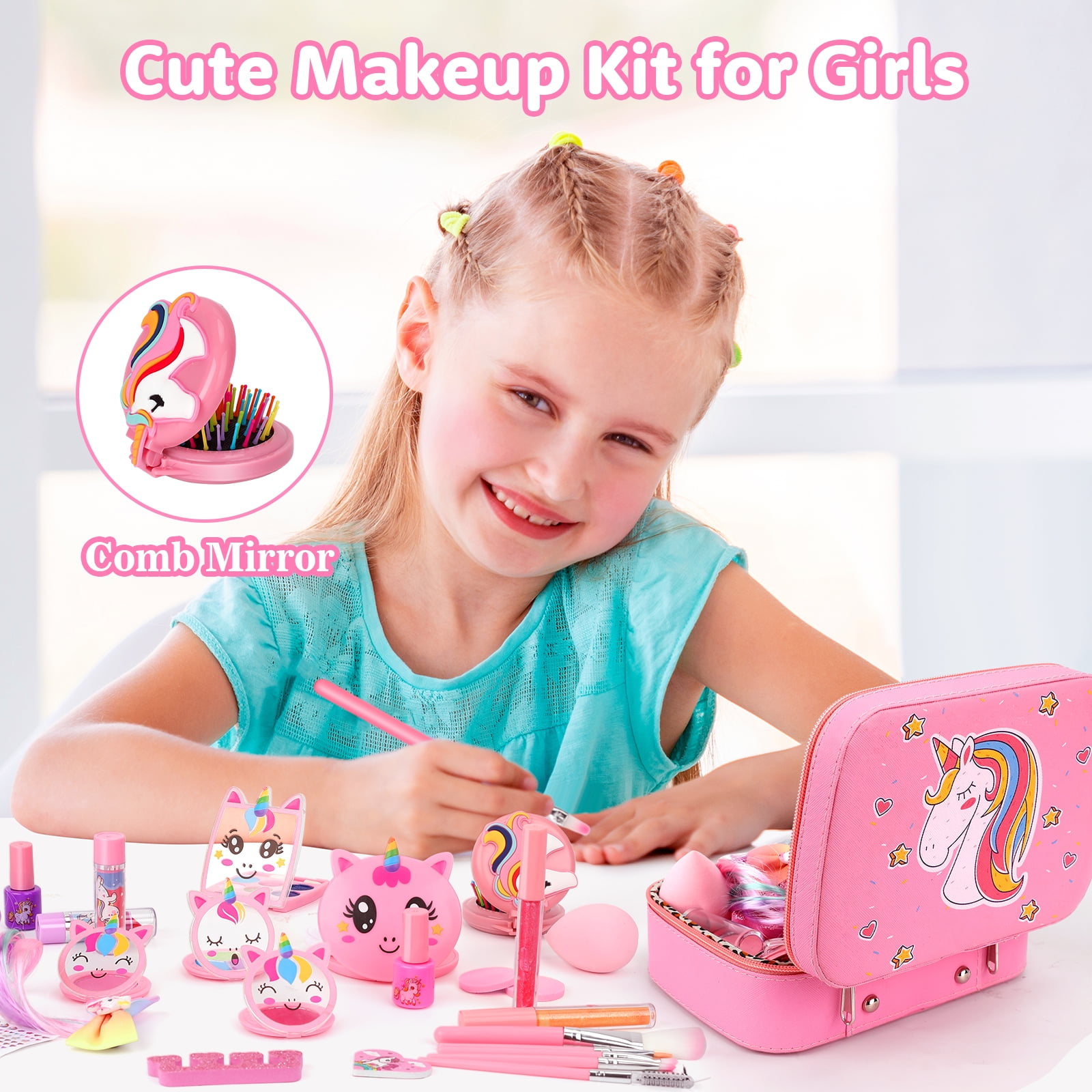 Sendida Kids Makeup Kit for Girls, Washable Princess Cosmetic Set with Unicorn Case (Pink, 26-Piece Set) jq0b0