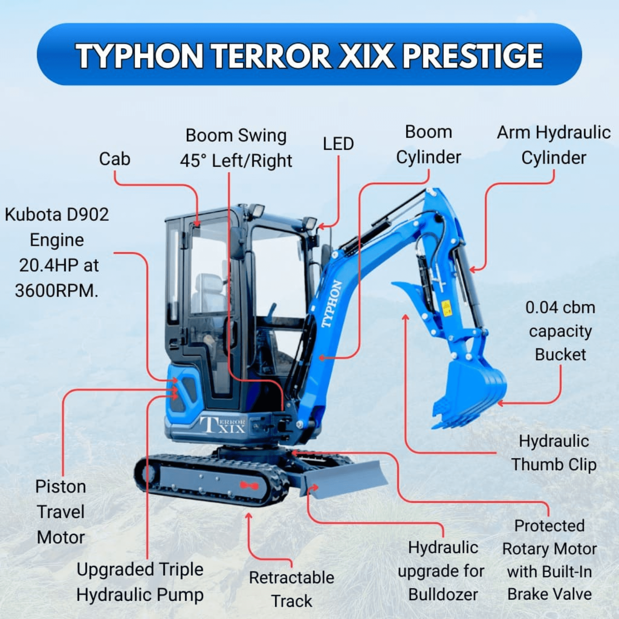 TYPHON Terror XIX Prestige Mini Excavator, Kubota D902 Engine, Retractable Tracks, A/C Cabin (Blue, 4200 lb) z1gue