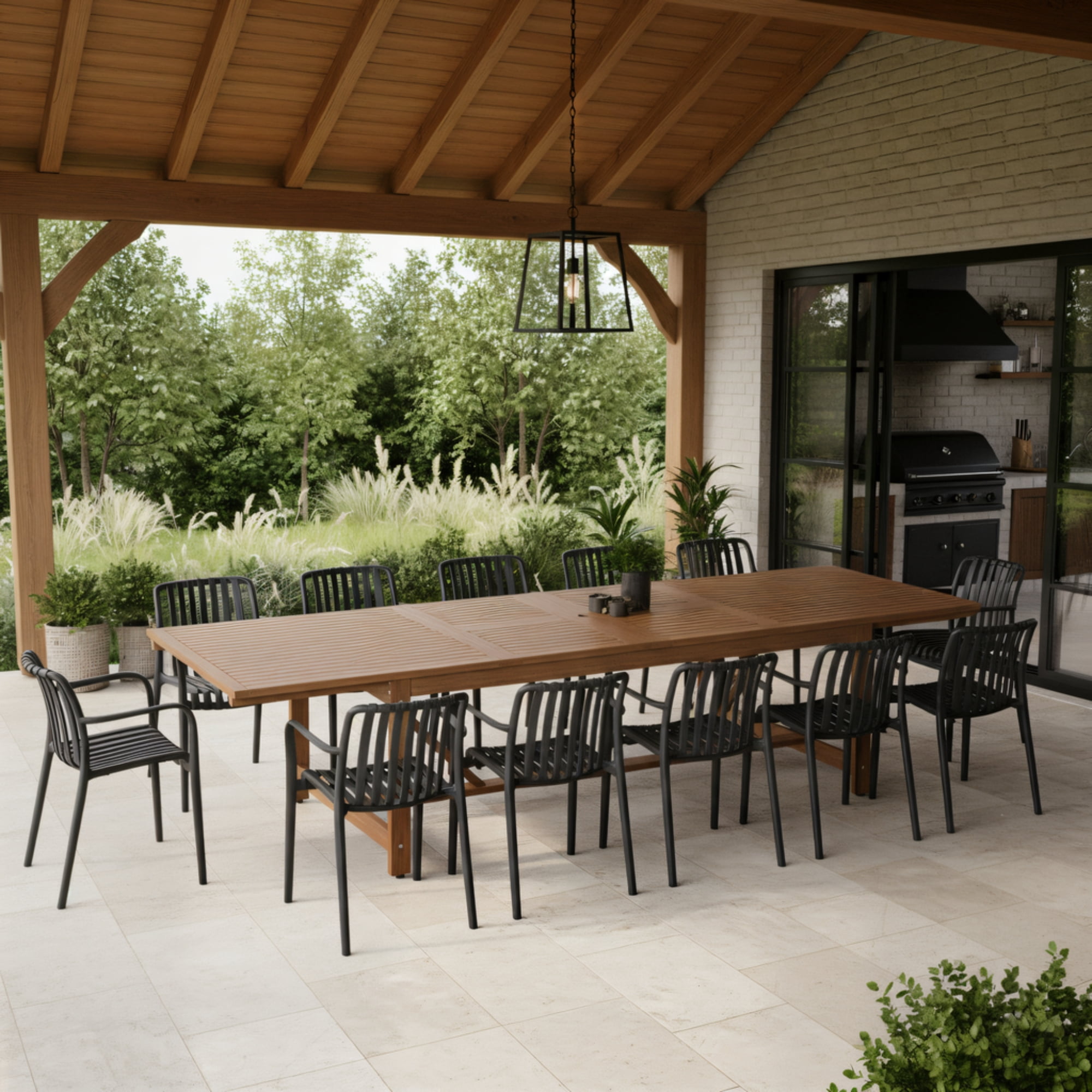 Urban Elements 13-Piece Outdoor Extendable Dining Set with Chairs (Teak Finish, 86.5 in to 130 in) cyoih