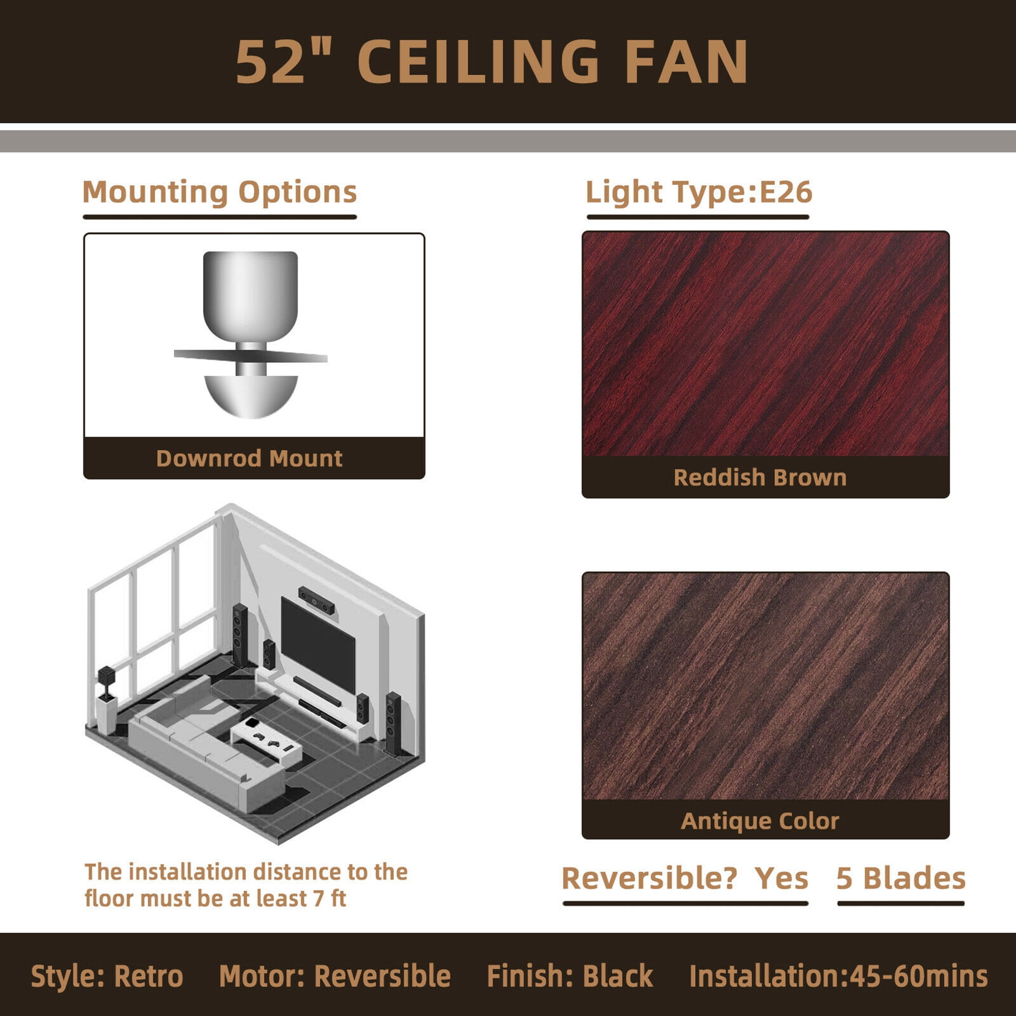 Gymax 52 in Ceiling Fan with Lights, 5 Reversible Blades, 3-Speed Retro Indoor Fan (52 in) 77604