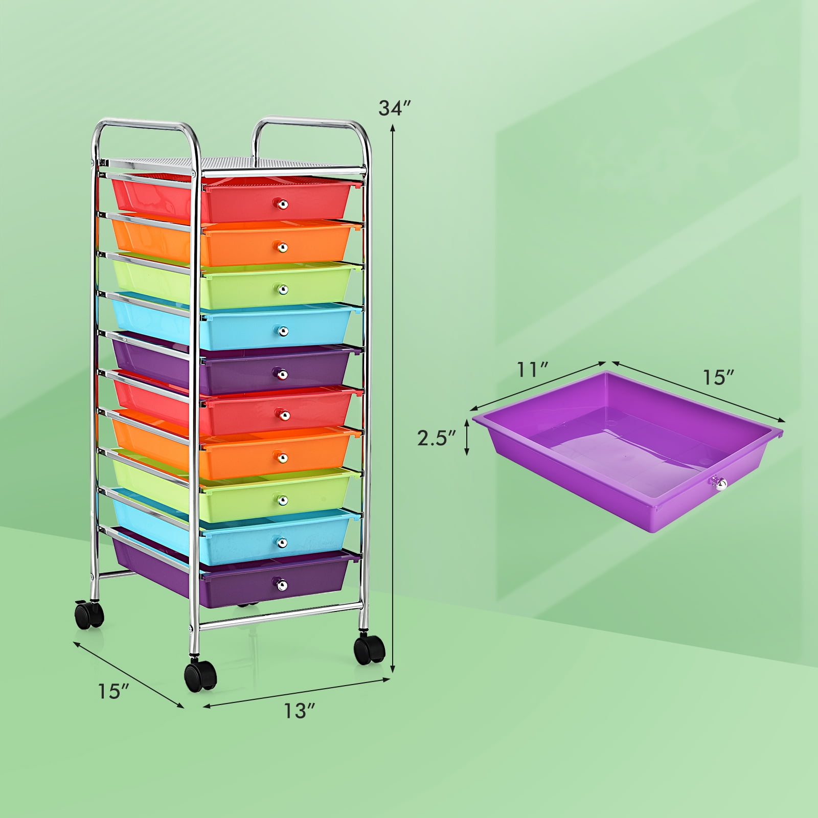 Costway Rolling Storage Cart with 10 Drawers, Mobile Organizer for Office and School (Multicolor, 38 in x 15 in x 13 in) 2wfoq