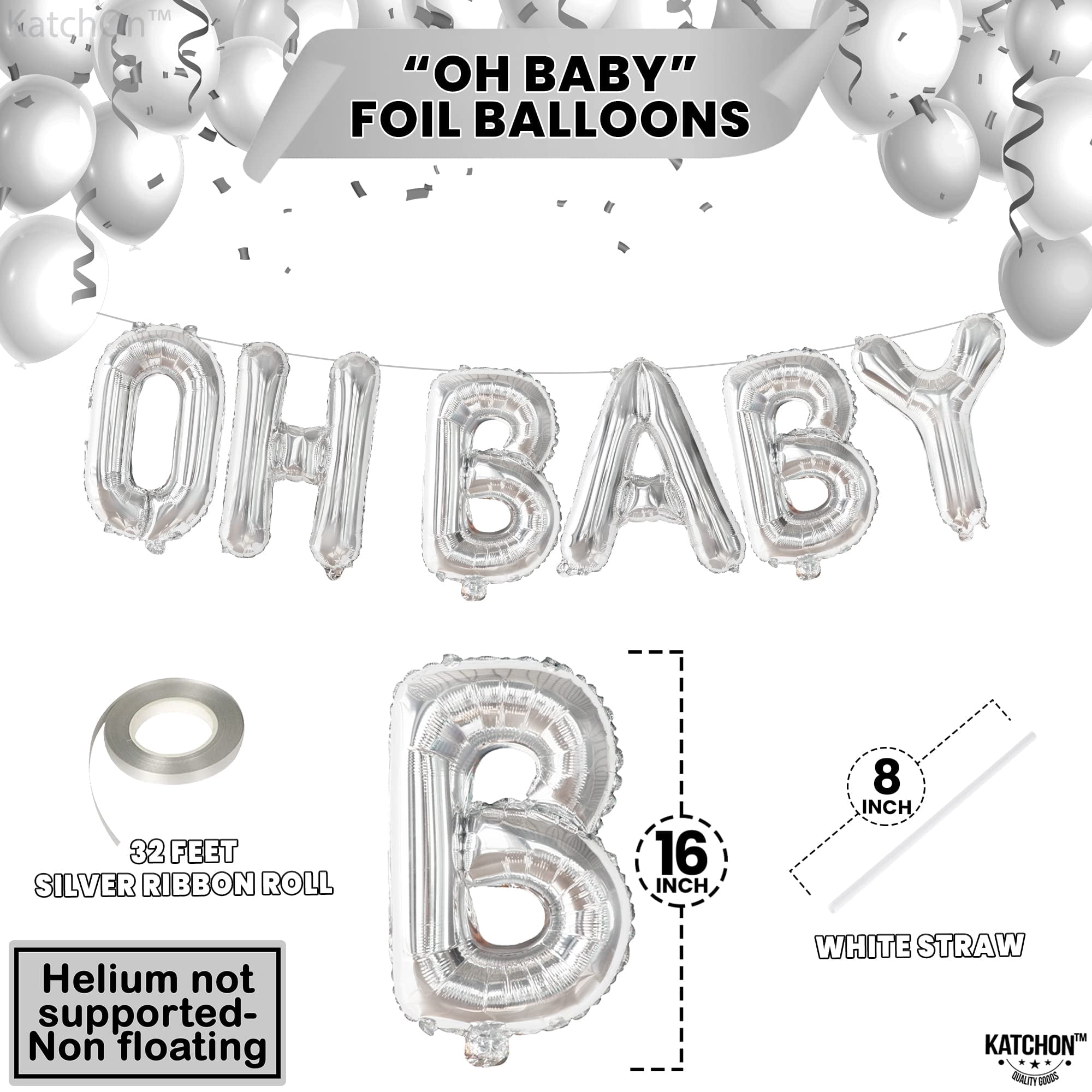 KatchOn Oh Baby Balloon Banner, Silver Foil Letter Balloons for Baby Shower and Gender Reveal Decorations (16 in) 1t8c0