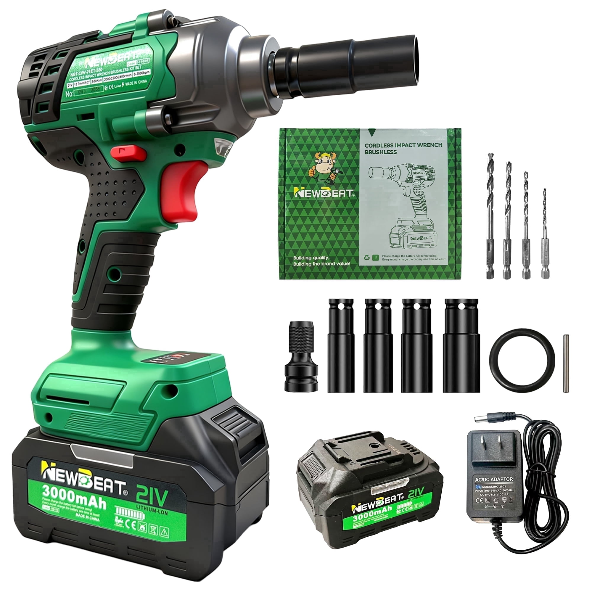 NEWBEAT Cordless Impact Wrench Set, 1/2 in Brushless Power Tool, 405 ft-lb Torque, Variable Speed for Automotive and Home DIY (Green, 1 Set) wlhxu