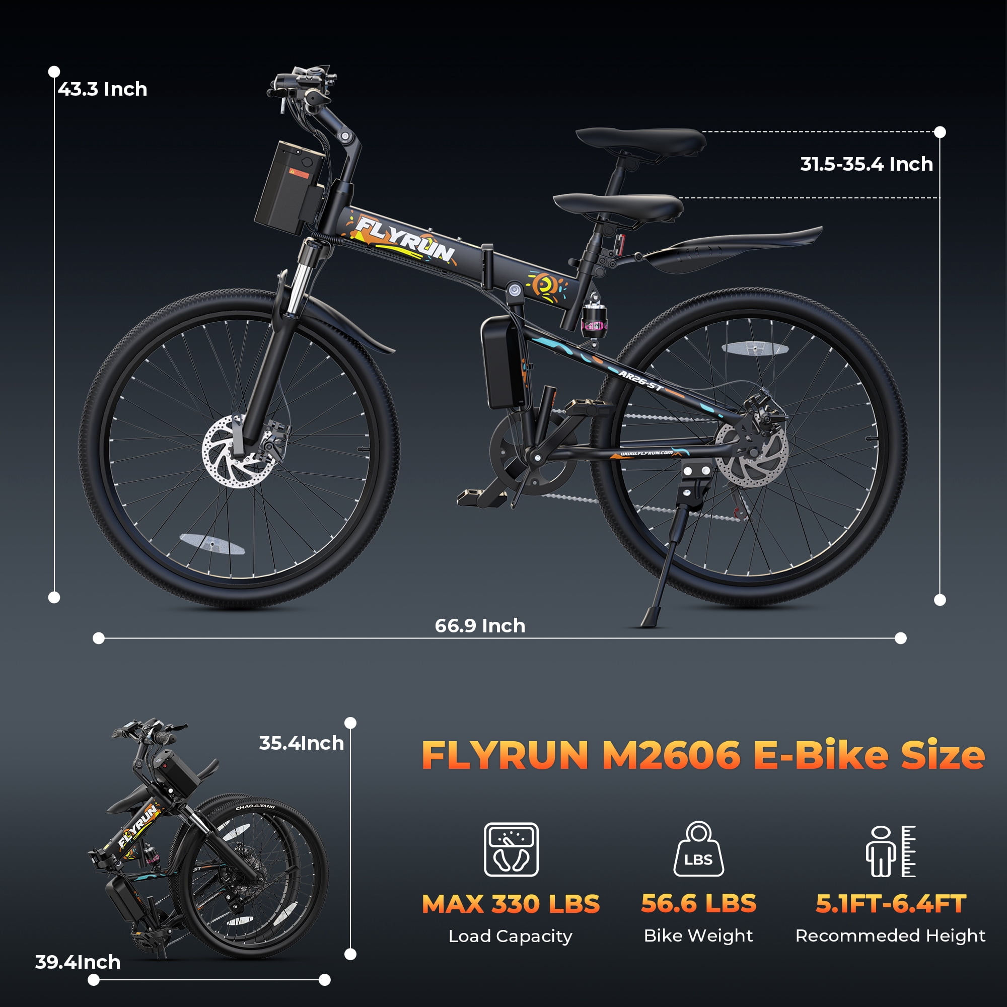 FLYRUN 26 in Electric Folding Ebike, 750W Peak Motor, 48V Removable Battery, Shimano 7-Speed, UL2849 Certified (Yellow, 26 in) u9gfq