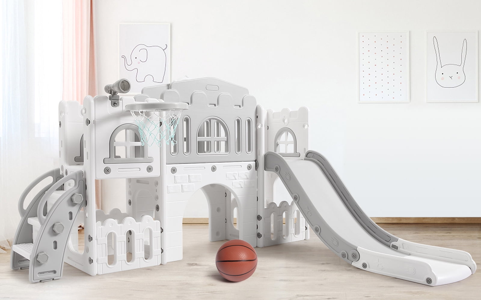 Boupower 8-in-1 Toddler Indoor Outdoor Playset with Slide, Basketball Hoop, and Climbing Tunnel (Grey, 1 Pack) 2kphb