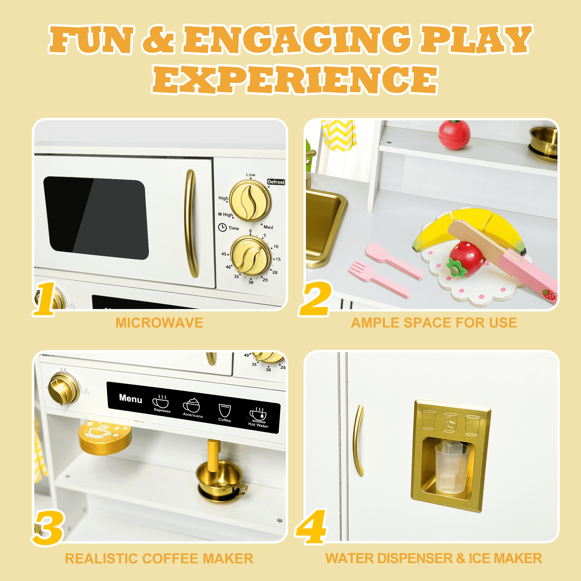 iYofe Wooden Pretend Play Kitchen Set for Toddlers, Interactive Toy Kitchen with Realistic Sounds and 18 Accessories (White, 43.3 x 12.6 x 39.9 in) 2cyah