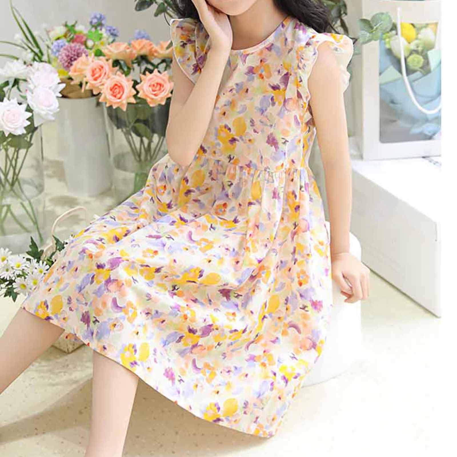 HAOTAGS Girls Summer Dress Flutter Sleeve Graphic Print Casual Playwear (Yellow, 4-5 Years) hz4vf