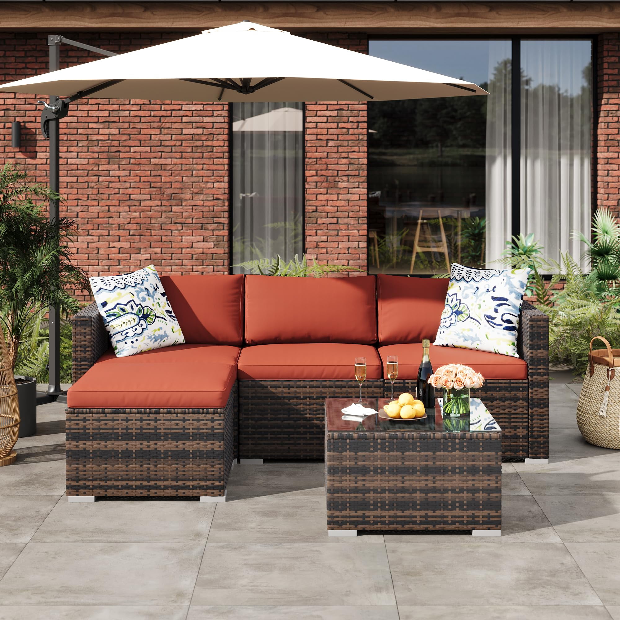 EliteEdge 5-Piece All-Weather PE Rattan Patio Sofa Set, Modular Outdoor Furniture with Tempered Glass Table and Waterproof Cushions (Brown Rattan, Light Grey Cushion, 5-Piece Set) i6xq3