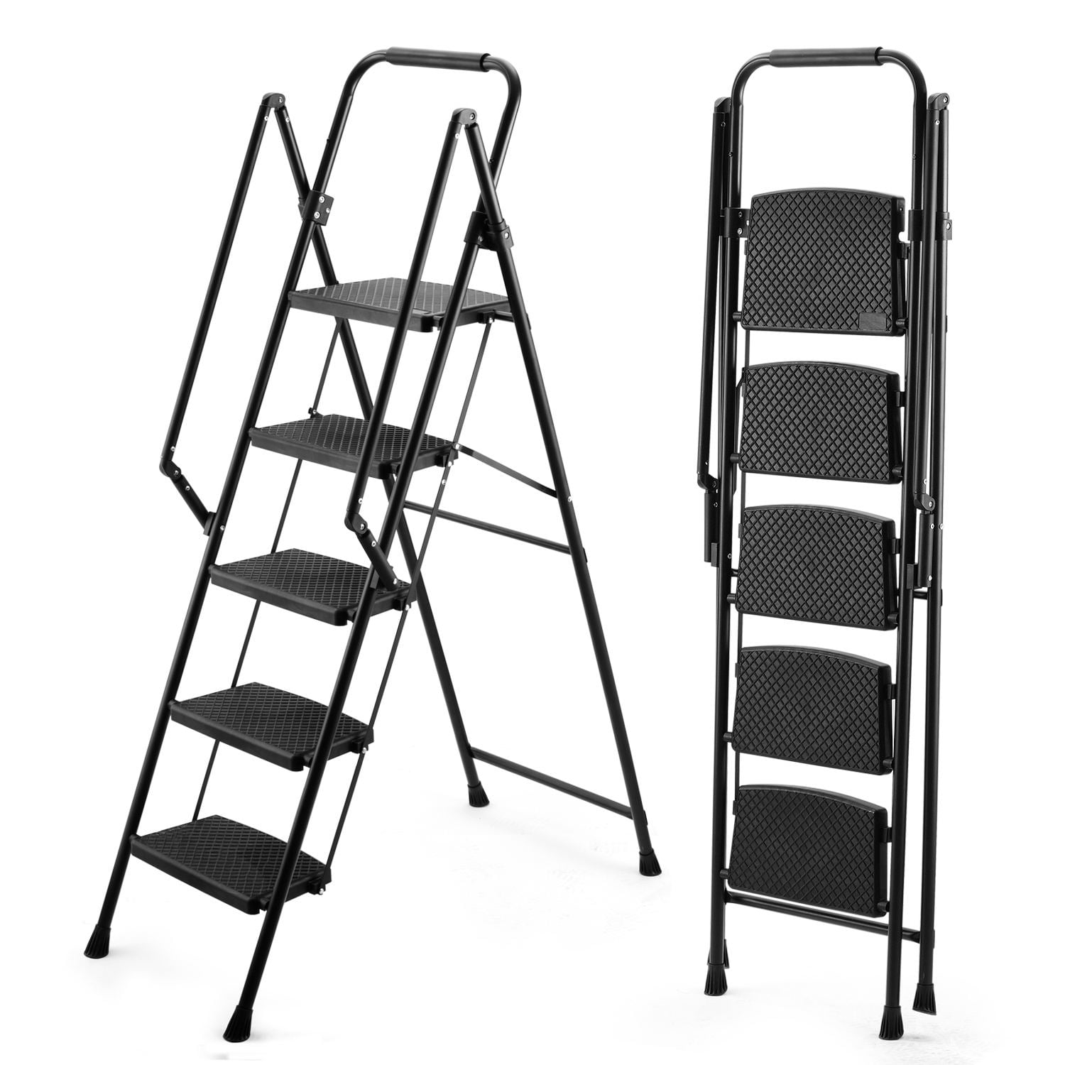 Geemuslly 5-Step Folding Ladder, Heavy-Duty Steel Step Stool with Anti-Slip Pedals and Safety Handrail (Black, 350 lb Capacity) wkmg3