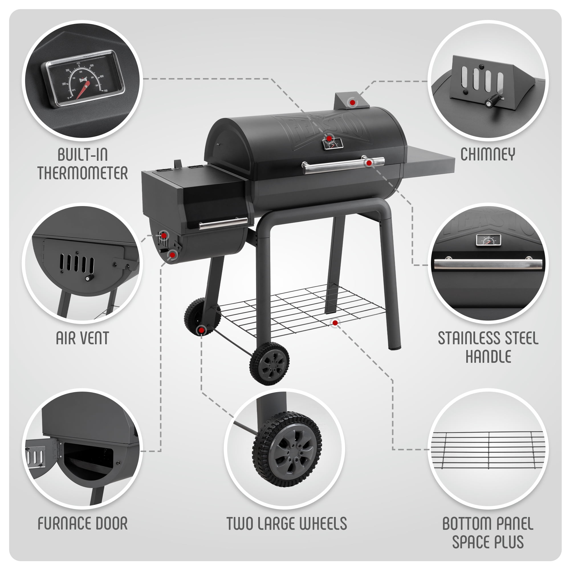 Feasto 30-Inch Charcoal Grill with Offset Smoker and Side Table (Black, 832 Sq. In. Cooking Space) q45gv