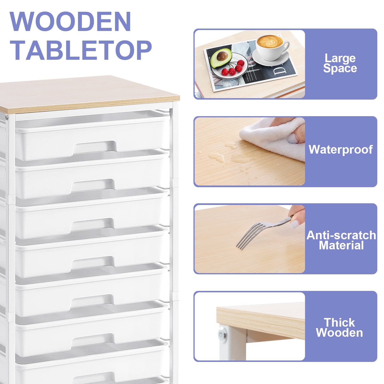 KINGRACK Rolling Storage Cart with 8 Drawers and Wooden Tabletop (White, 15.55 in x 12.60 in x 31.18 in) v4xgi
