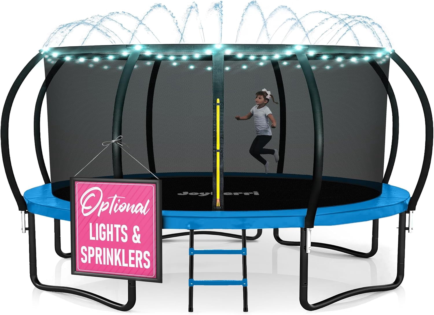 JoyBerri Outdoor Trampoline with Safety Enclosure, Ladder, LED Lights & Sprinkler (Blue, 15 ft) r0idr
