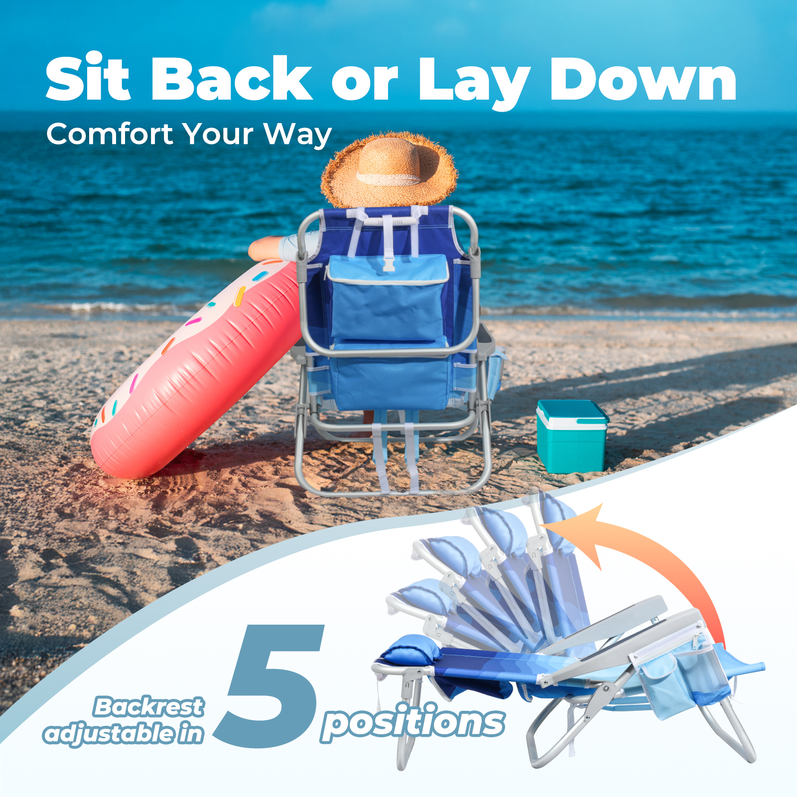 Join Nature 5-Position Lay-Flat Backpack Beach Chair with Insulated Cooler and Storage Pocket (Wave Blue, 300 lb Capacity) 97zzu