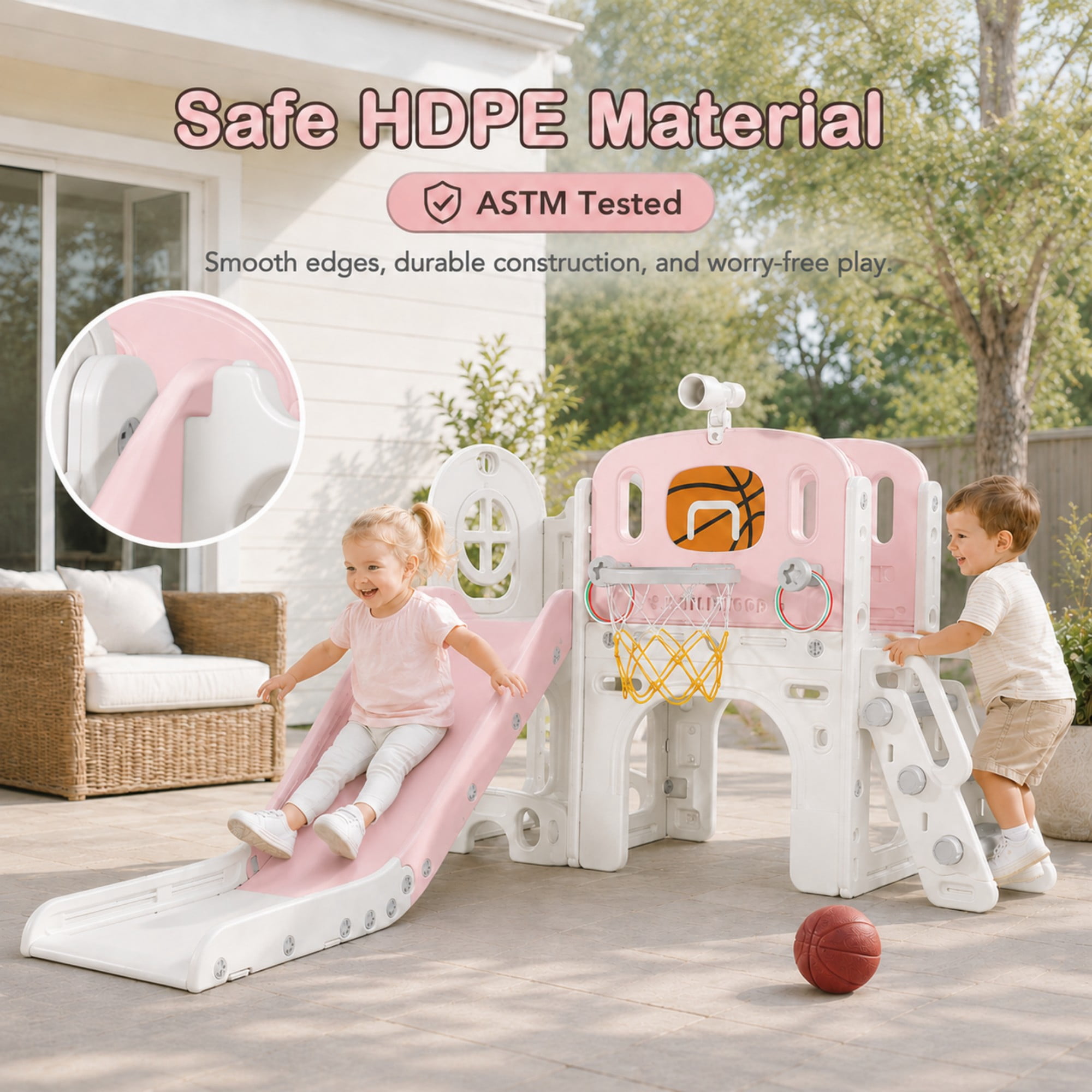 DKMOCO 9-in-1 Toddler Slide and Climber Playset with Basketball Hoop and Ring Toss (Pink, 59.8 in x 53.5 in x 36.2 in) p14il