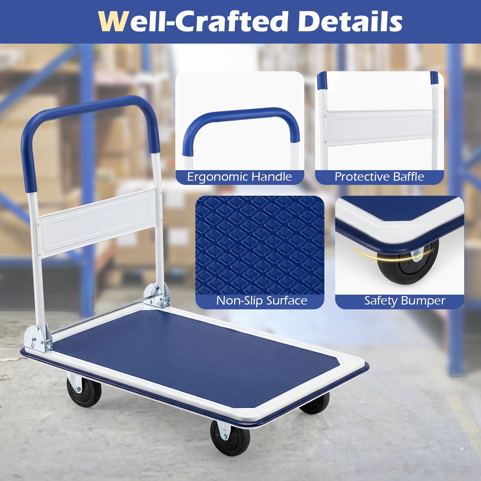 Costway Heavy-Duty Platform Cart Dolly with Folding Handle (Blue, 660 lb) 7f1bs