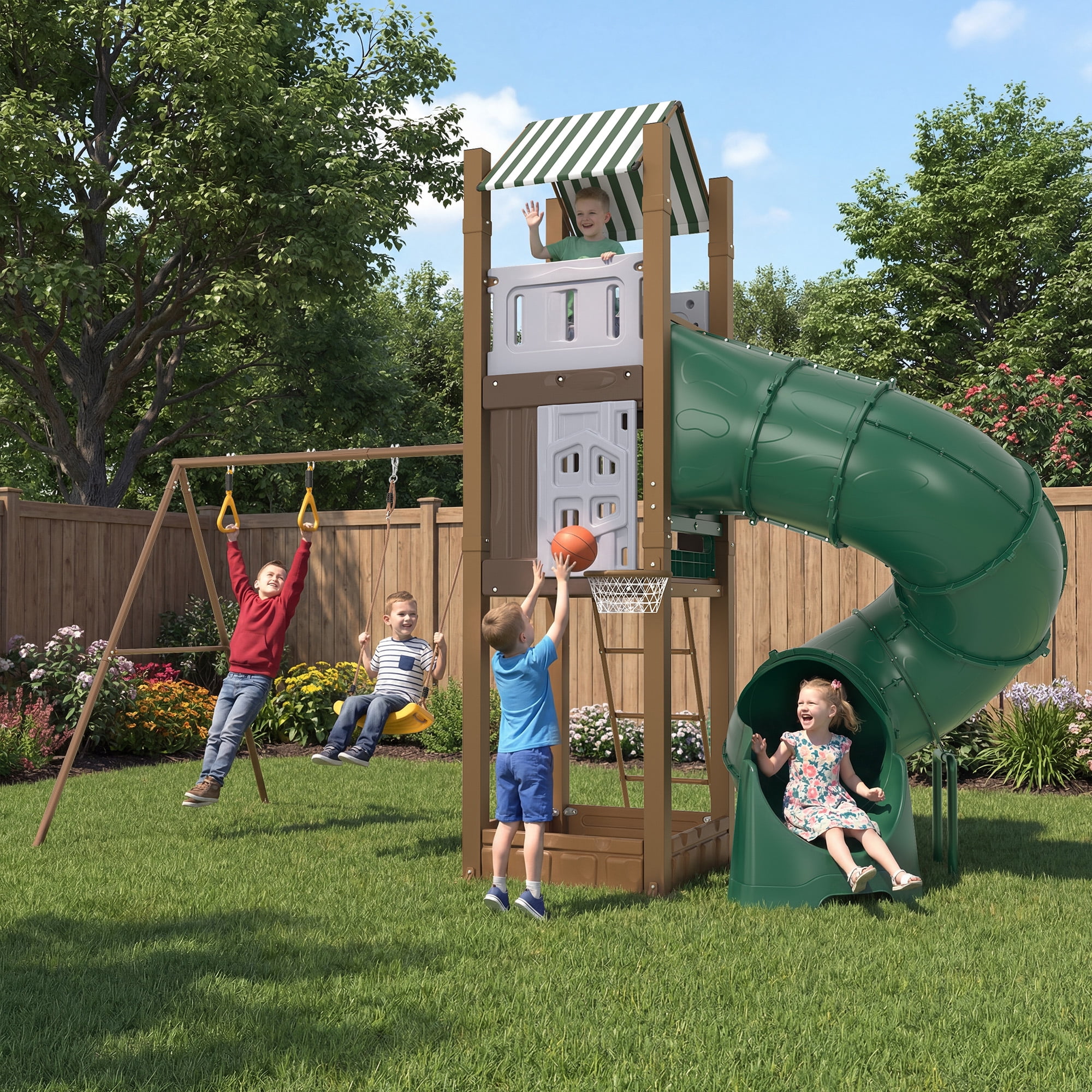 LIZHOUMIL Backyard Playset with Slide, Dual Swings, Climbing Wall, and Sandbox (Heavy-Duty Galvanized Steel, 15 ft x 12 ft) revoo