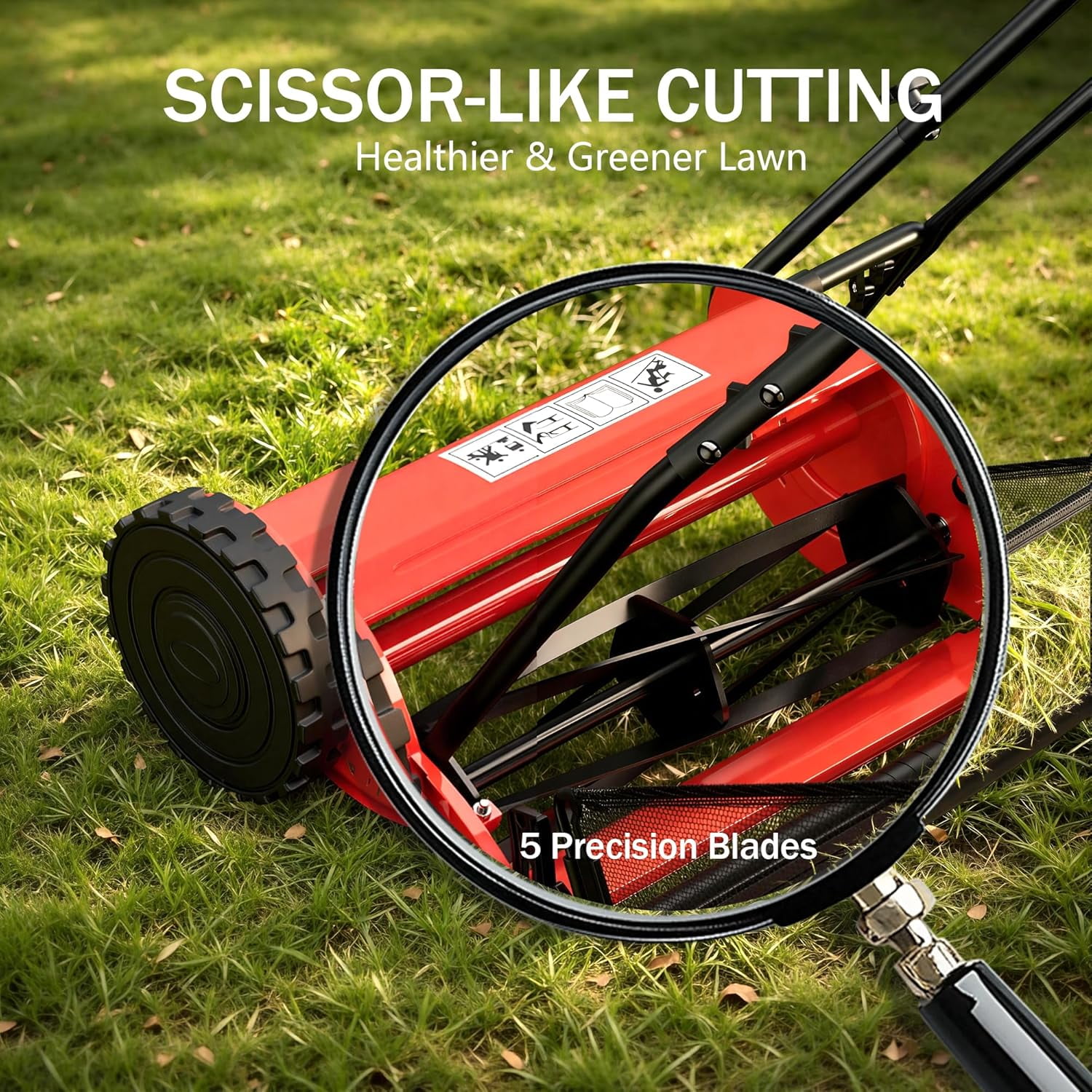 Juiluna 14 Inch Push Reel Lawn Mower, Manual Walk-Behind Mower with Grass Catcher, 5 Steel Blades, Adjustable Cutting Height (14 in) mu00r