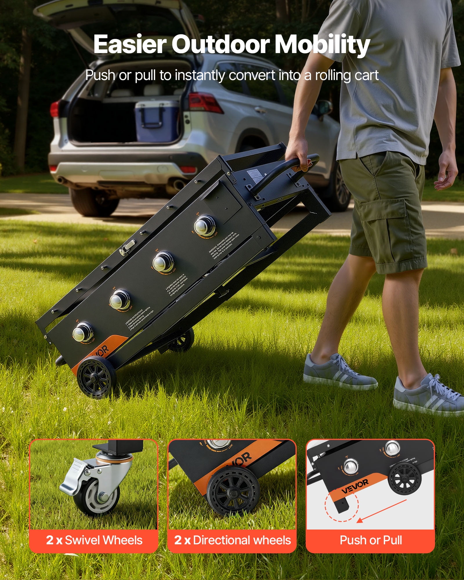 VEVOR 4-Burner Propane Gas Griddle, Outdoor Flat Top Grill with Foldable Cart and Wheels (36 in) cjy7q