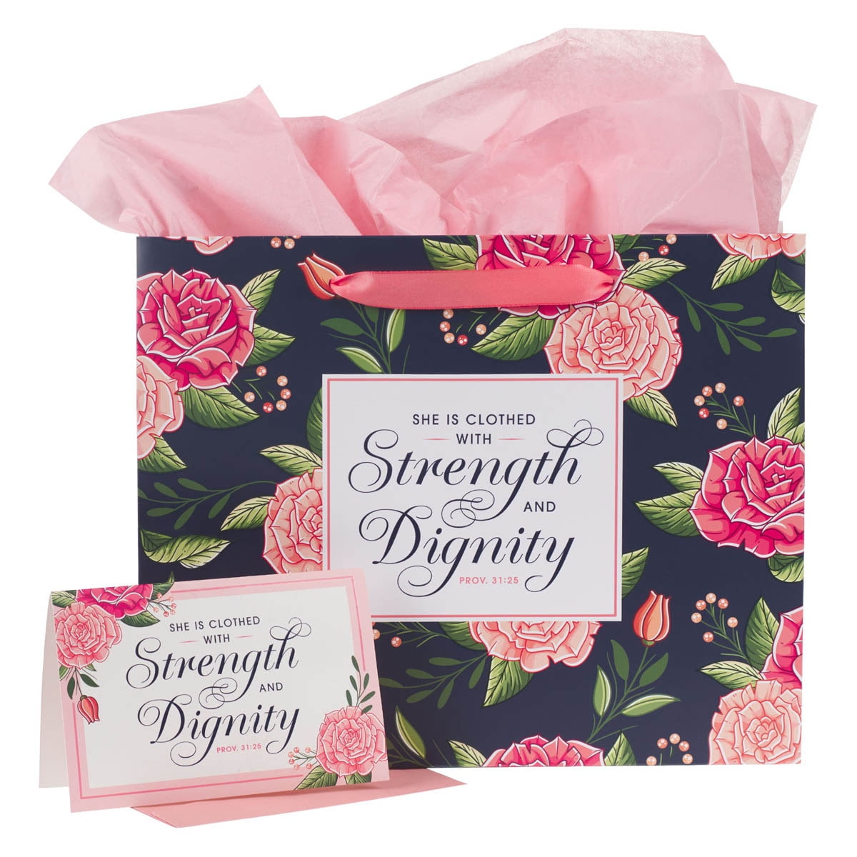 Christian Art Gifts Large Landscape Scripture Gift Bag Set with Card and Tissue Paper (Black/Pink, 12.5 in x 10 in x 3.9 in) tk6mm