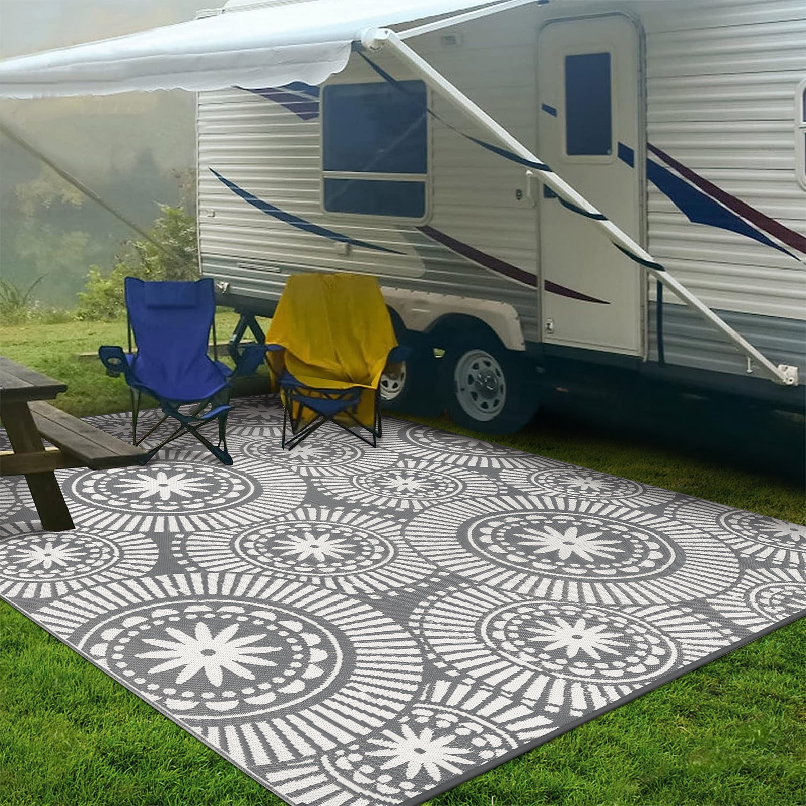 Ileading Reversible Outdoor Rug Floral Waterproof Patio Carpet (Grey, 6 ft Round) dj9ak