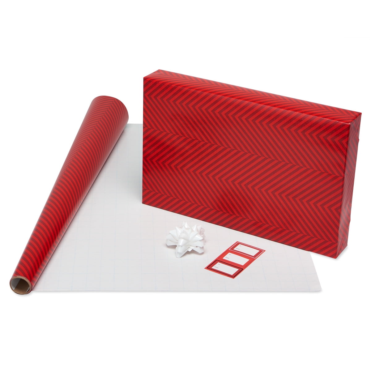 American Greetings Christmas Wrapping Paper Set with Gridlines, Bows, and Gift Tags (Red, 4 Rolls, 48 ft Total) w7bsr