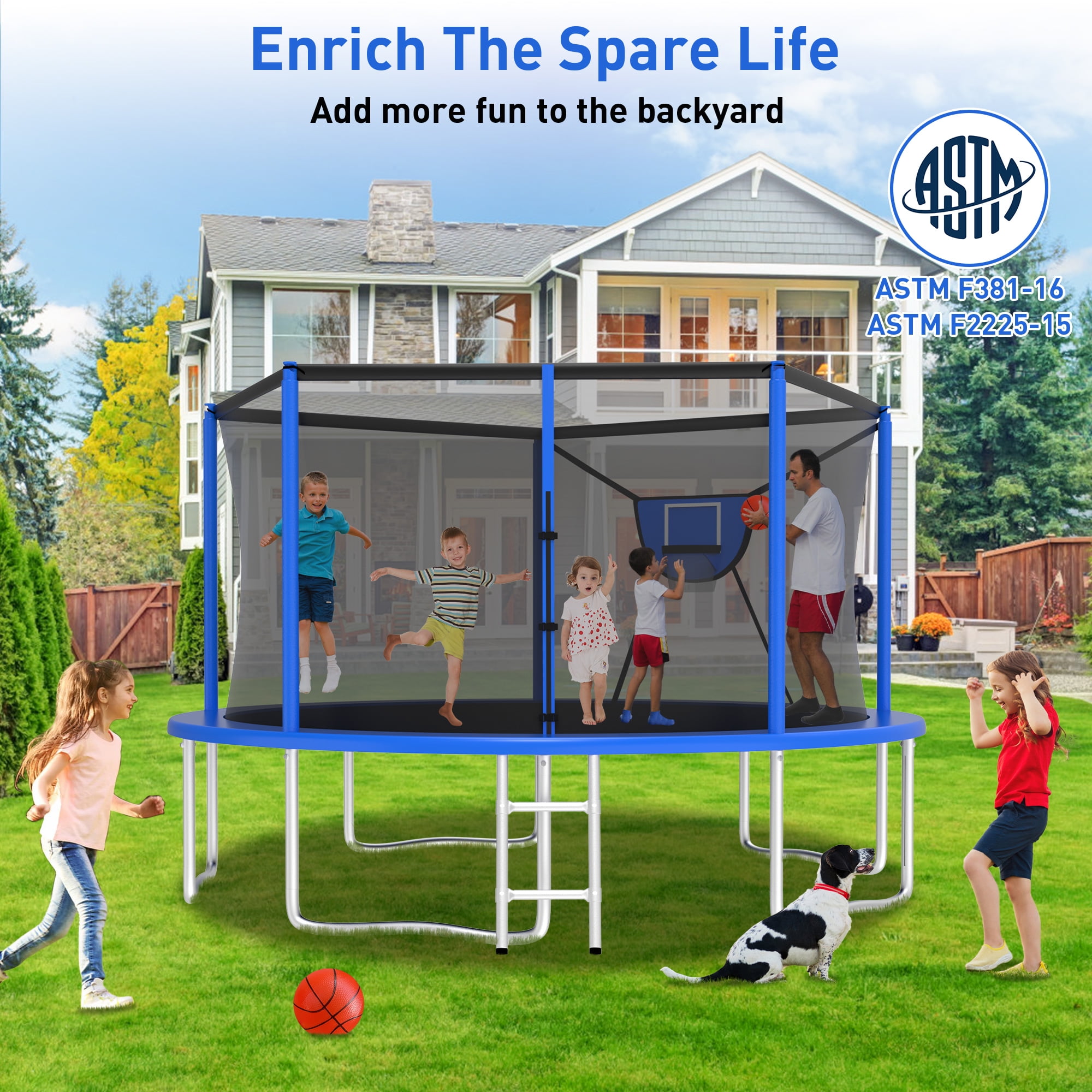 Kacho Outdoor Round Trampoline with Enclosure Net and Basketball Hoop (Blue, 14 ft) 12y5d