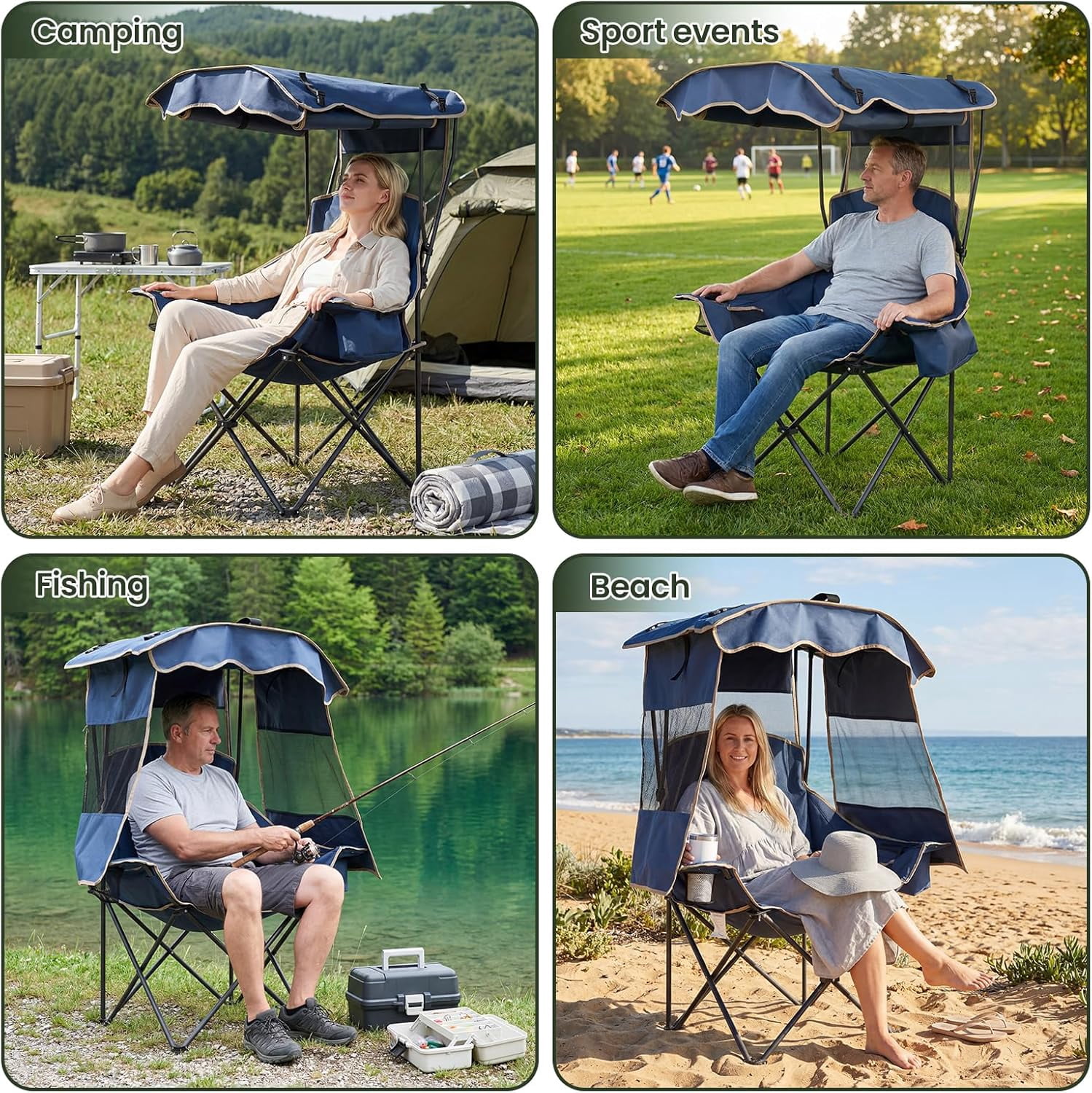 ABORON Camping Chair with Canopy, Folding Portable Beach Lounge Chair with Cooler Bag and Cup Holder (Blue, One Size) 3gkl5