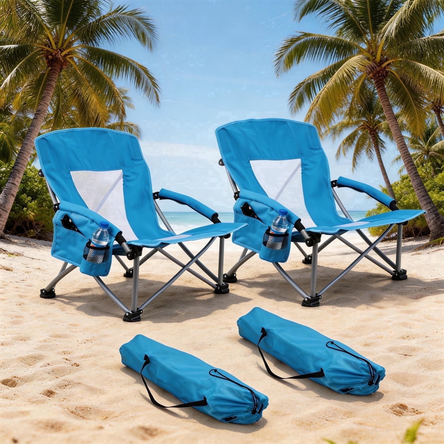 Walchoice Folding Beach Chairs with Cup Holder and Carry Bag, Low Back Support, Heavy-Duty Portable Outdoor Seating (Blue, 2 Pack) dzkr7