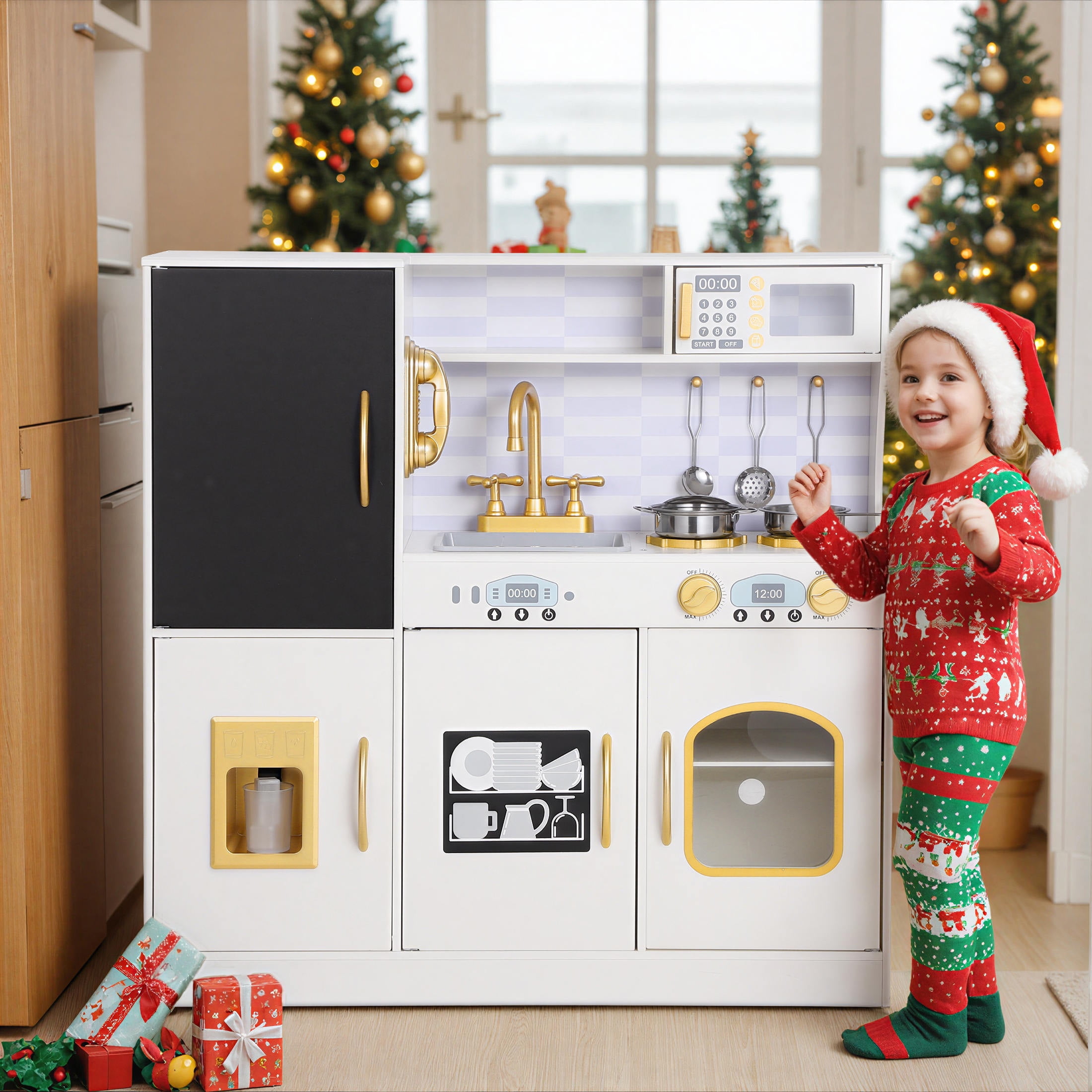 COCLUB Wooden Kids Play Kitchen Set with Chalkboard, Ice Maker, and Cookware Accessories (White, 33.07 in x 10.62 in x 31.5 in) zl9uh