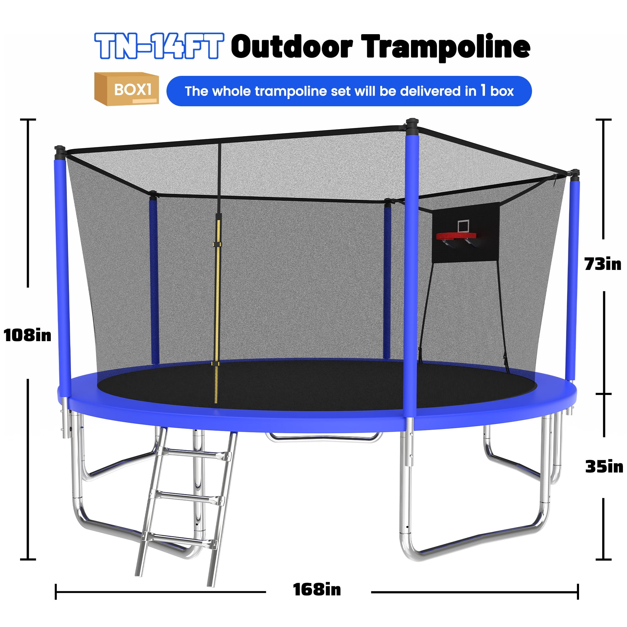 Leumius 14ft Trampoline with Basketball Hoop and Safety Enclosure Net (Blue, 14 ft) cbf7u