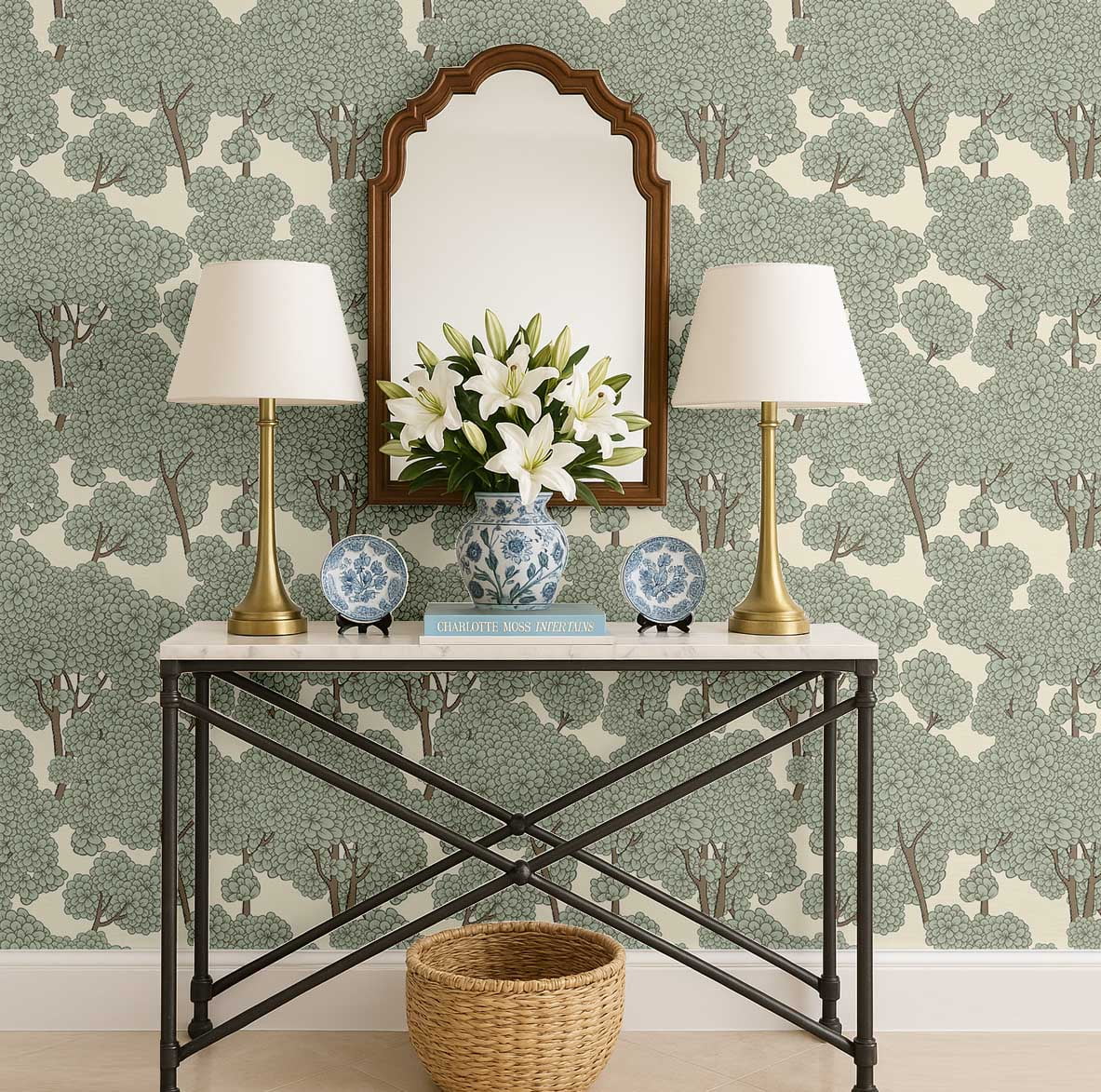 S4Sassy Peel and Stick Wallpaper, Floral Tree Canopy Asian Style Wall Mural, Waterproof Vinyl Wall Covering (Green, 25 in x 360 in) wzhkb