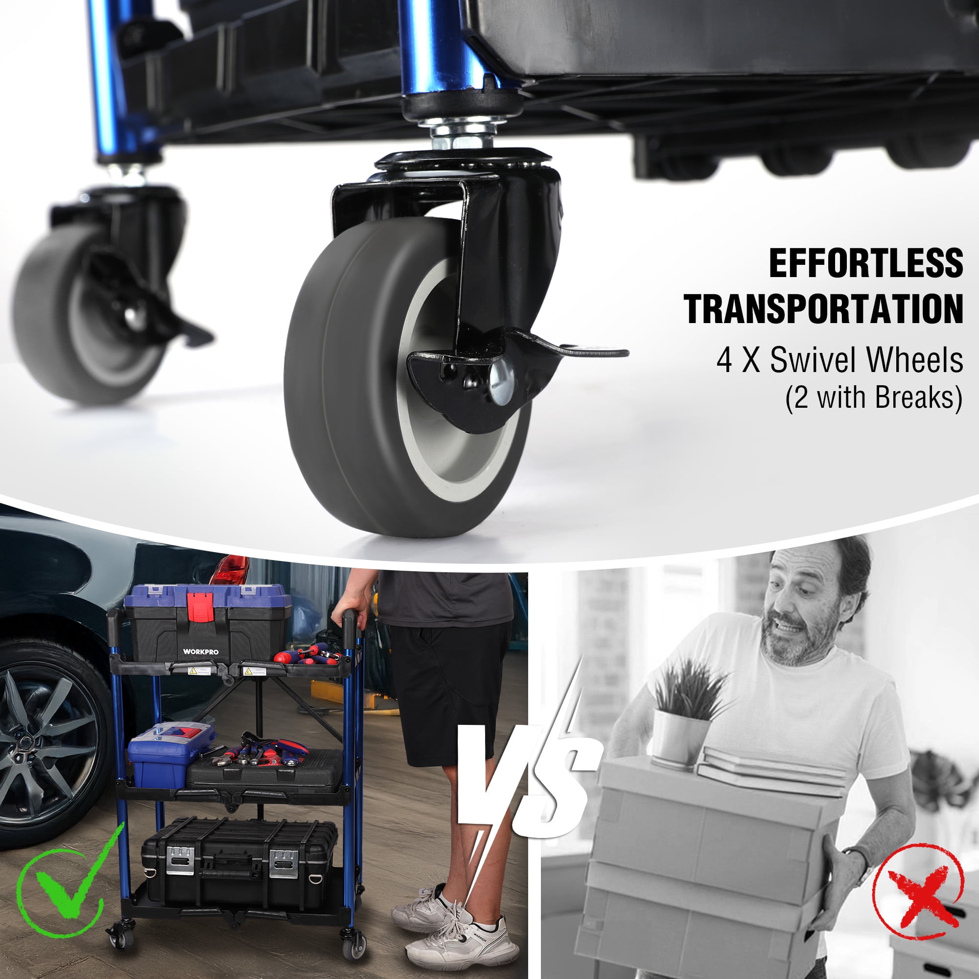 WORKPRO 3-Tier Folding Utility Cart, Heavy-Duty Rolling Service Cart with Swivel Wheels (Blue, 210 lb Capacity) gtndd