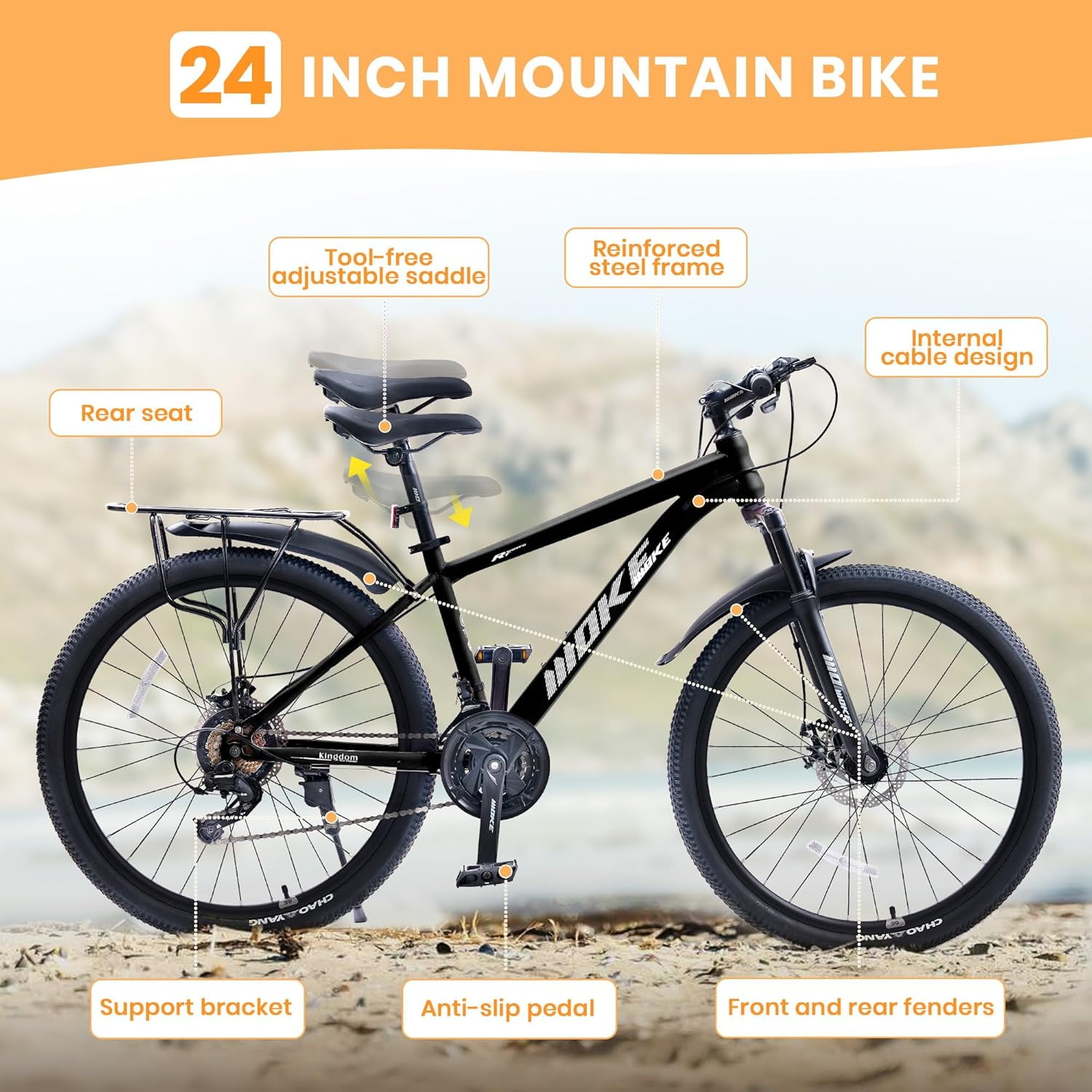 Akaber Mountain Bike, 21-Speed Drivetrain, Suspension Fork, Dual Disc Brakes, Rear Rack (Black, 24 in) ulu2t