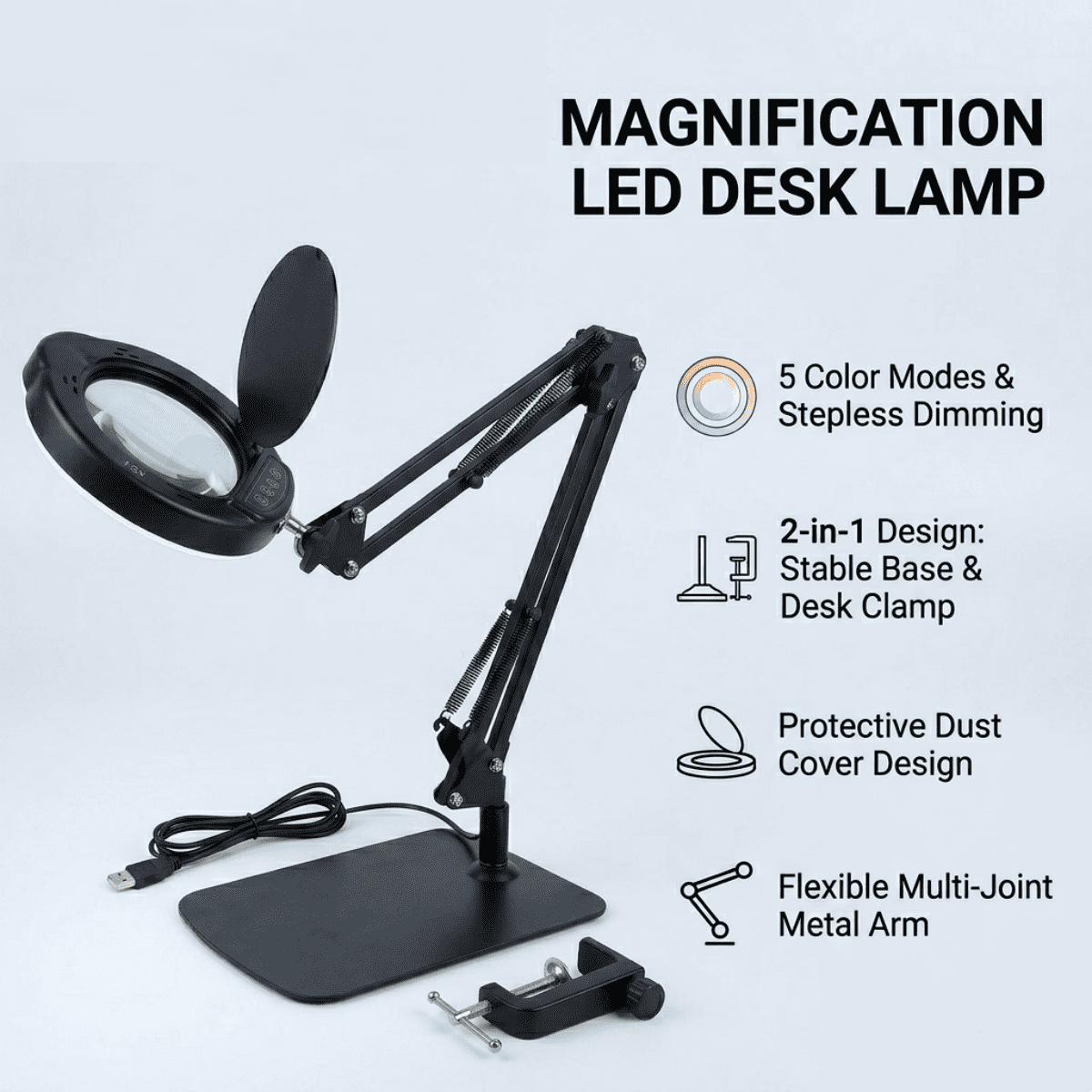 Gefolly LED Magnifying Desk Lamp with Clamp, Adjustable Swing Arm, 5 Color Modes, Stepless Dimmable (Black, 1 Unit) sbqk3
