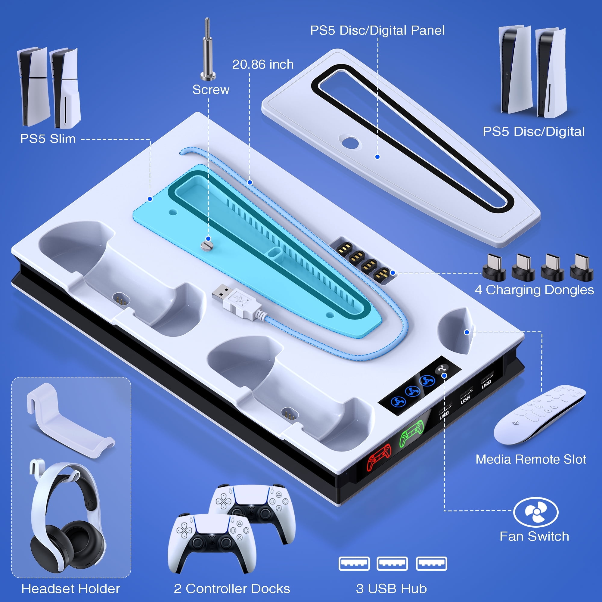 Esywen PS5 Cooling Stand with Dual Controller Charger and Headset Hook (White, 1 Pack) 0zyq5