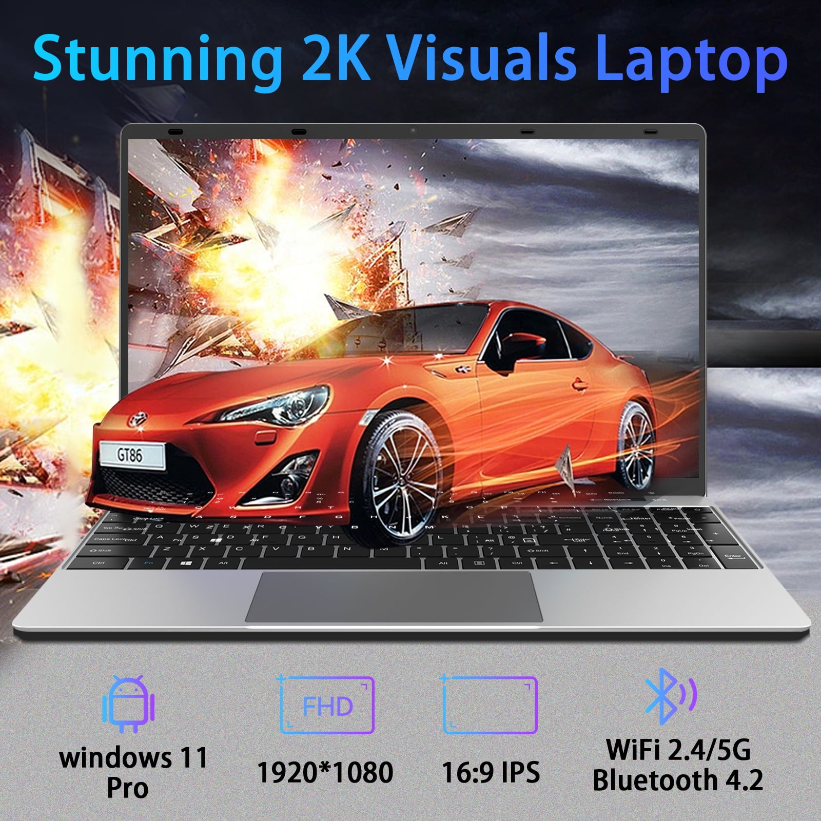 TEMLICOLO 15.6 in Laptop Windows 11 Pro Intel Celeron 8GB RAM 256GB SSD Full HD IPS Display (Silver, 15.6 in) 97p24